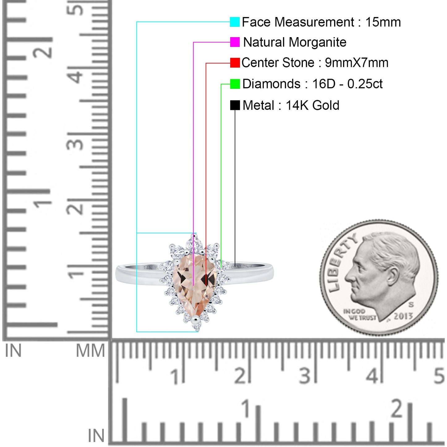 14K White Gold 2.00ct Teardrop Pear 9mmx7mm G SI Natural Morganite Diamond Engagement Wedding Ring Size 6.5