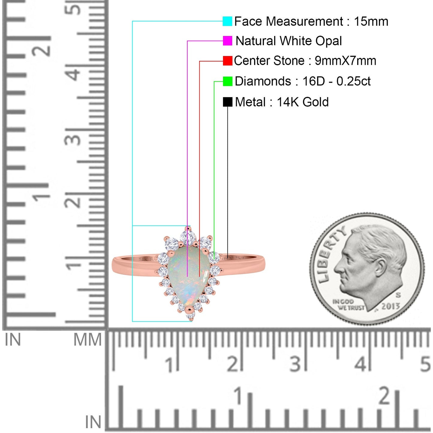 14K Rose Gold 0.25ct Teardrop Pear 9mmx7mm G SI Natural White Opal Diamond Engagement Wedding Ring Size 6.5