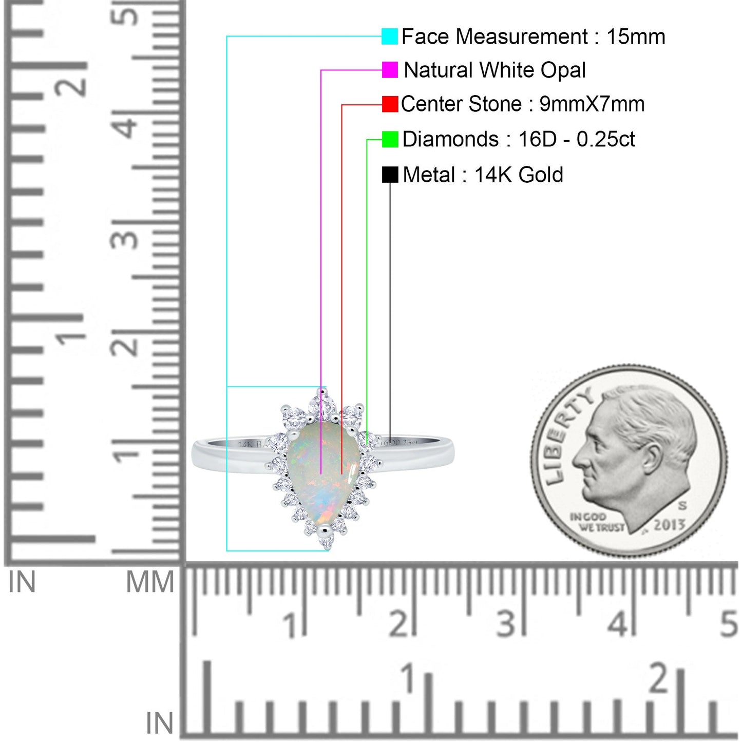 14K White Gold 0.25ct Teardrop Pear 9mmx7mm G SI Natural White Opal Diamond Engagement Wedding Ring Size 6.5