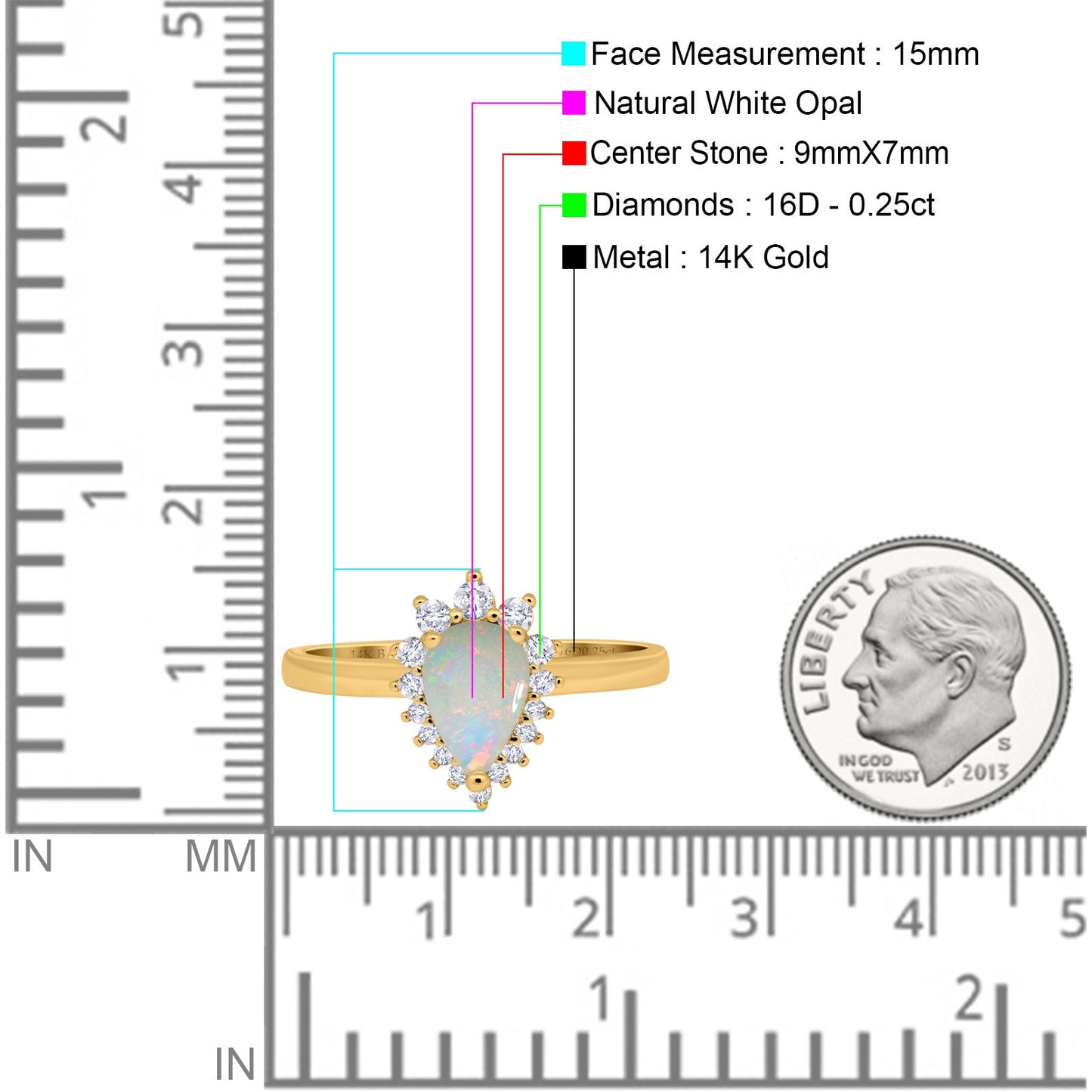 14K Yellow Gold 0.25ct Teardrop Pear 9mmx7mm G SI Natural White Opal Diamond Engagement Wedding Ring Size 6.5