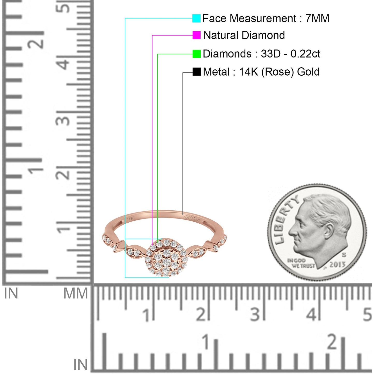 Round 7mm Cluster Halo Natural Diamond Ring Marquise Band 14K Rose Gold Wholesale