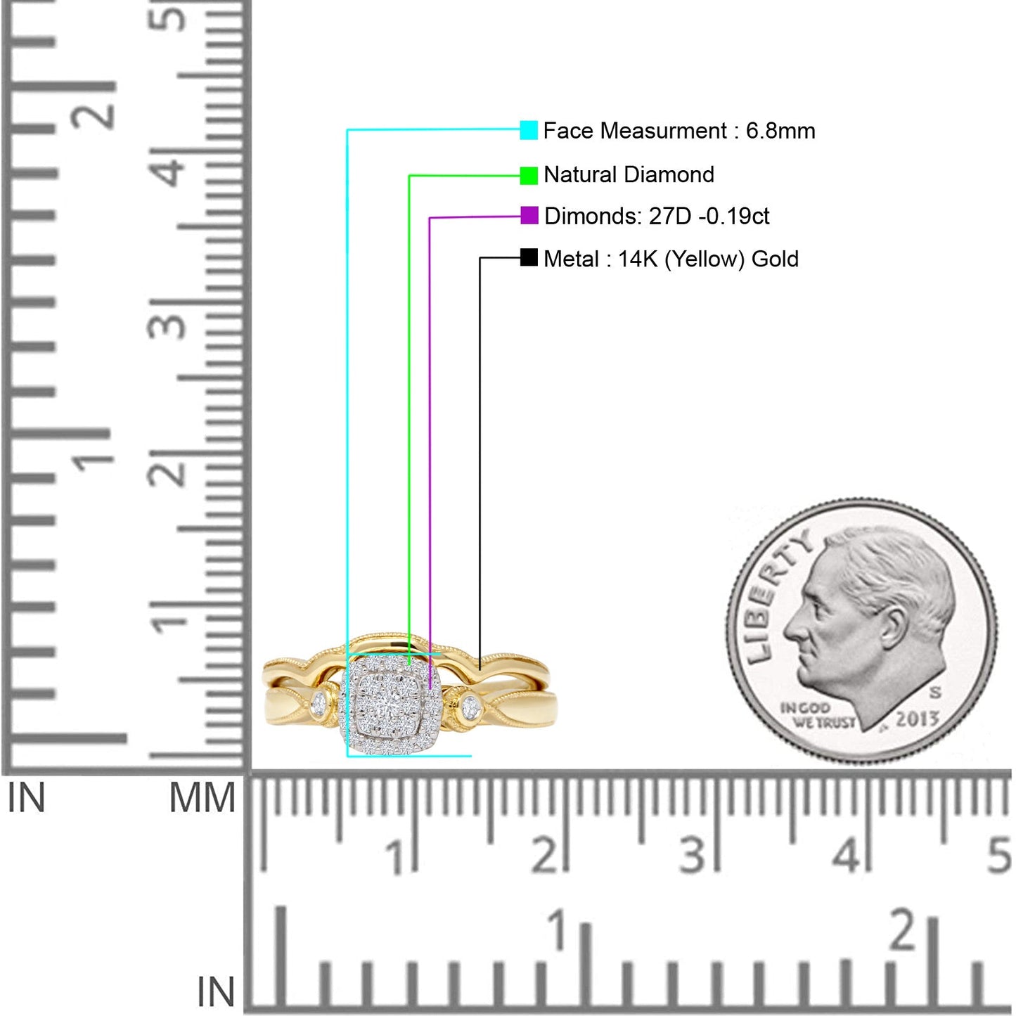 Halo Diamond Cushion Ring Set Twisted Milgrain 14K Yellow Gold 0.19ct Wholesale