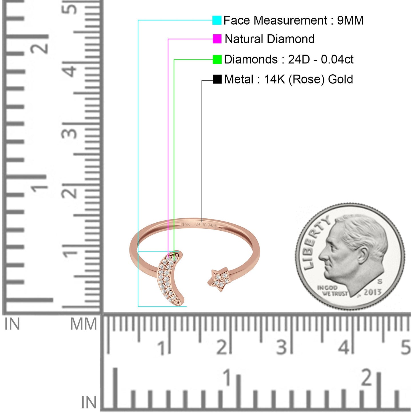 Moon & Star 9mm Celestial Open Ring Natural Diamond 14K Rose Gold Wholesale