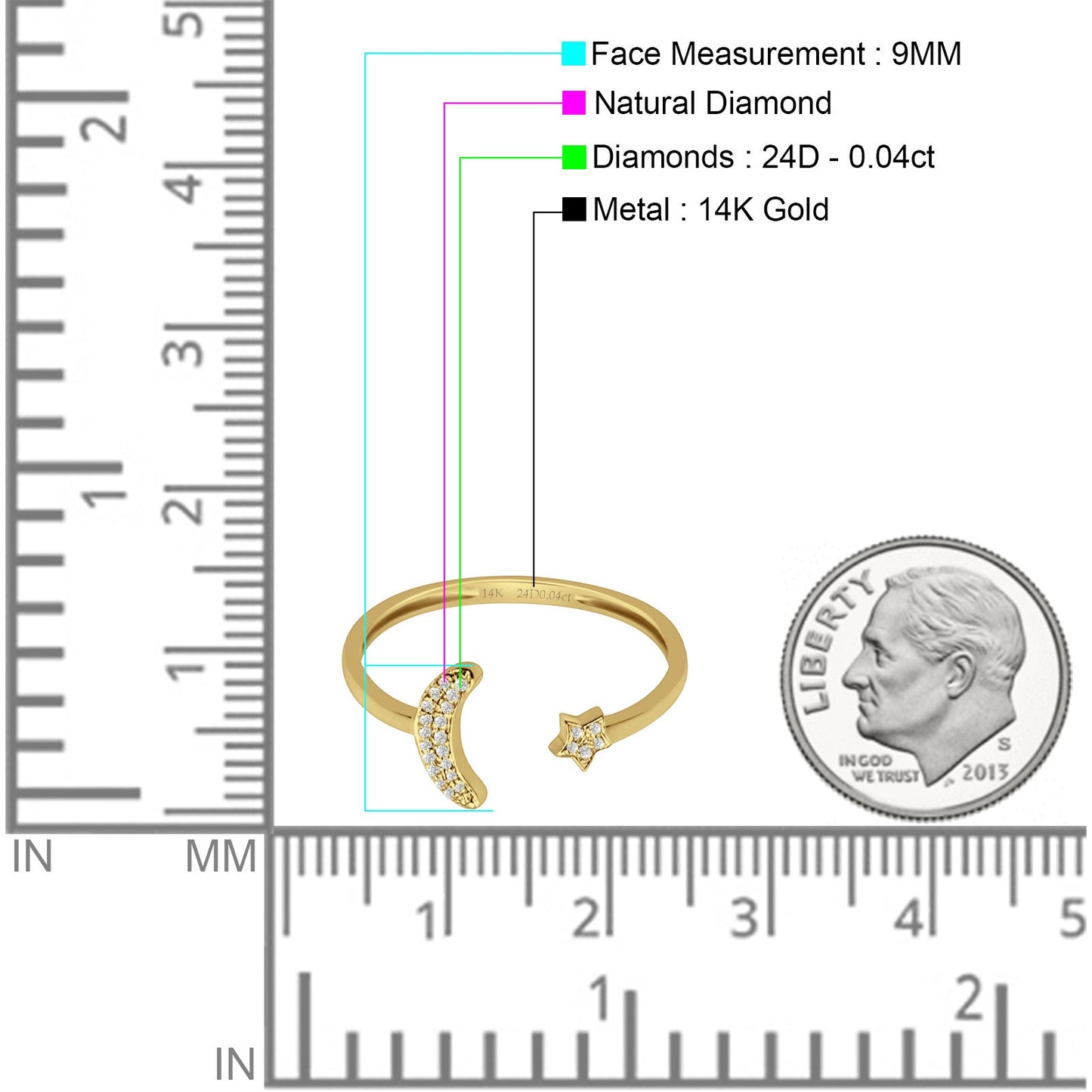 Moon & Star 9mm Celestial Open Ring Natural Diamond 14K Yellow Gold Wholesale