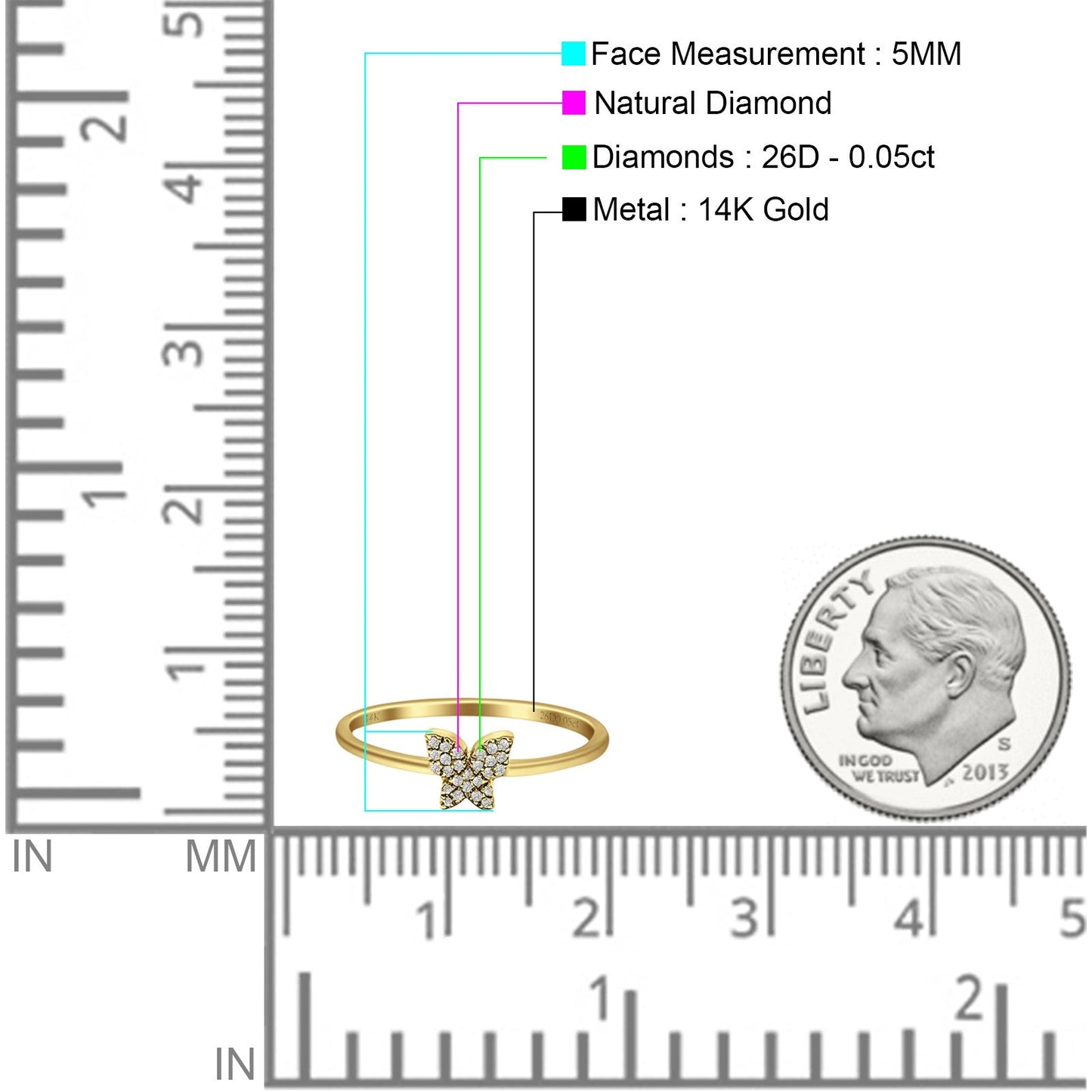 Butterfly Cluster 5mm Round Natural Diamond Ring 14K Yellow Gold Wholesale