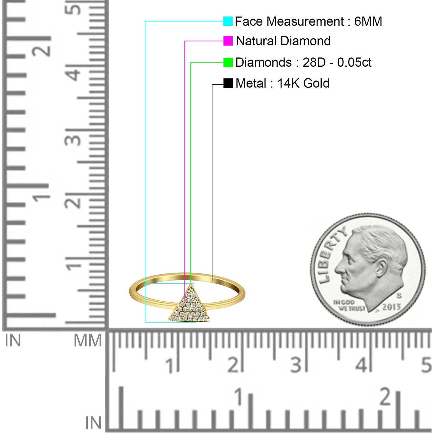 Triangular Band 6mm Cluster Natural Diamond Ring 14K Yellow Gold Wholesale