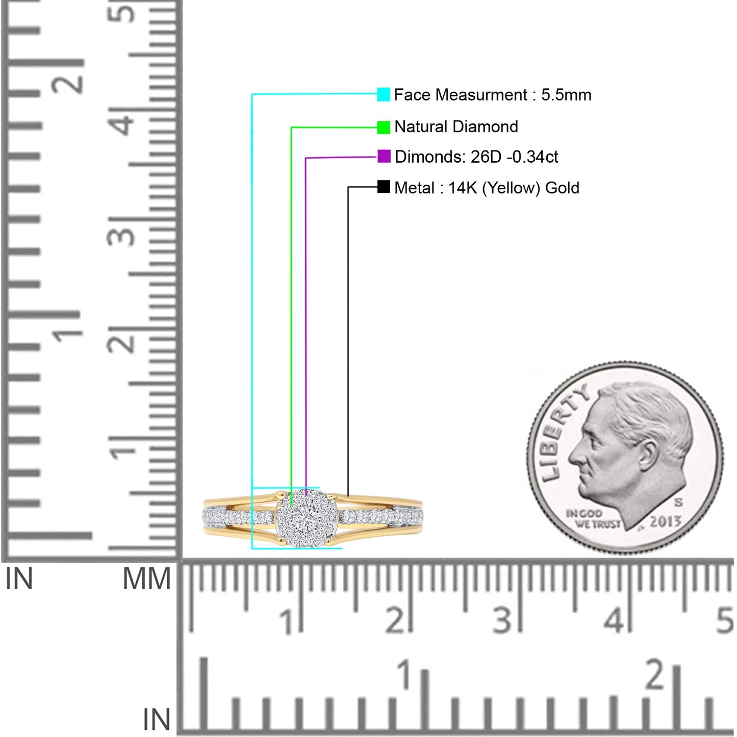 Diamond Halo Ring Solitaire Round 14K Yellow Gold 0.34ct Wholesale