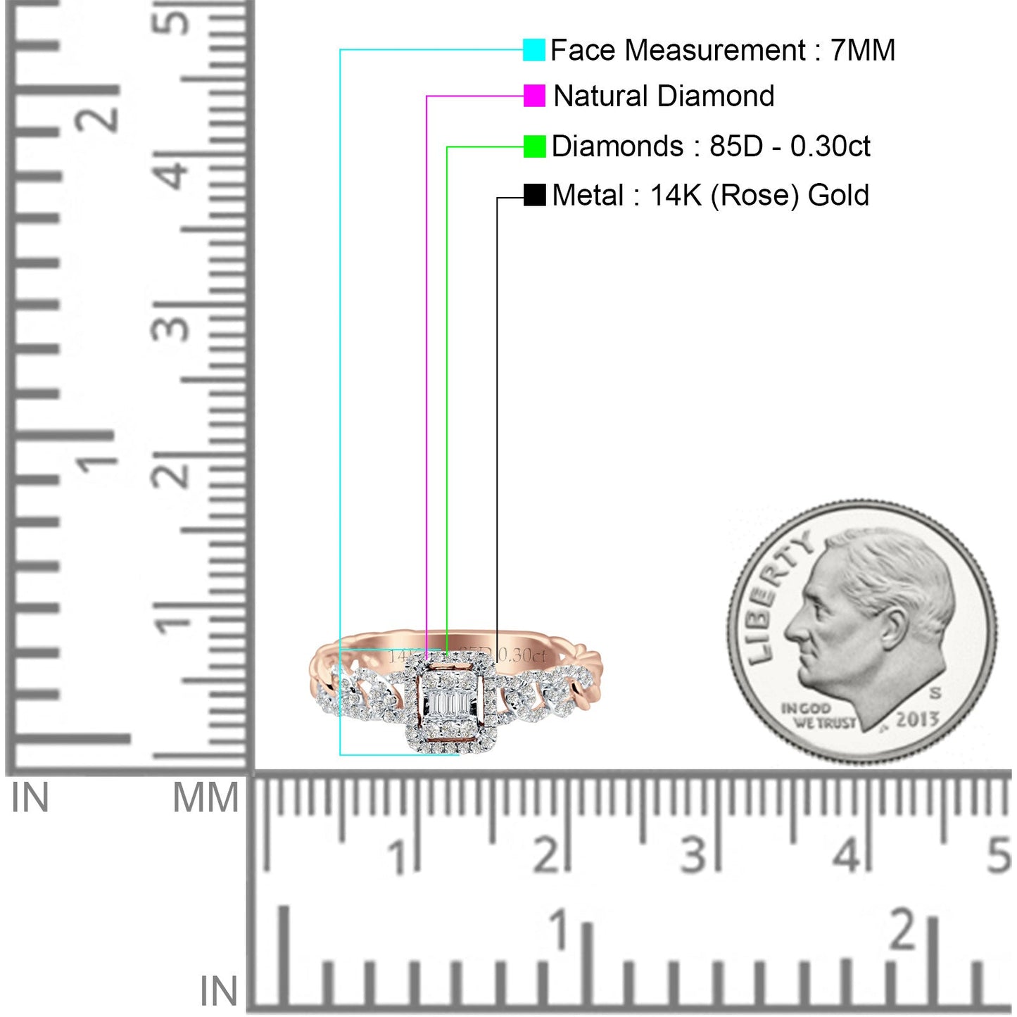 Cushion Cut 7mm Round & Baguette Natural Diamond Twisted Ring 14K Rose Gold Wholesale