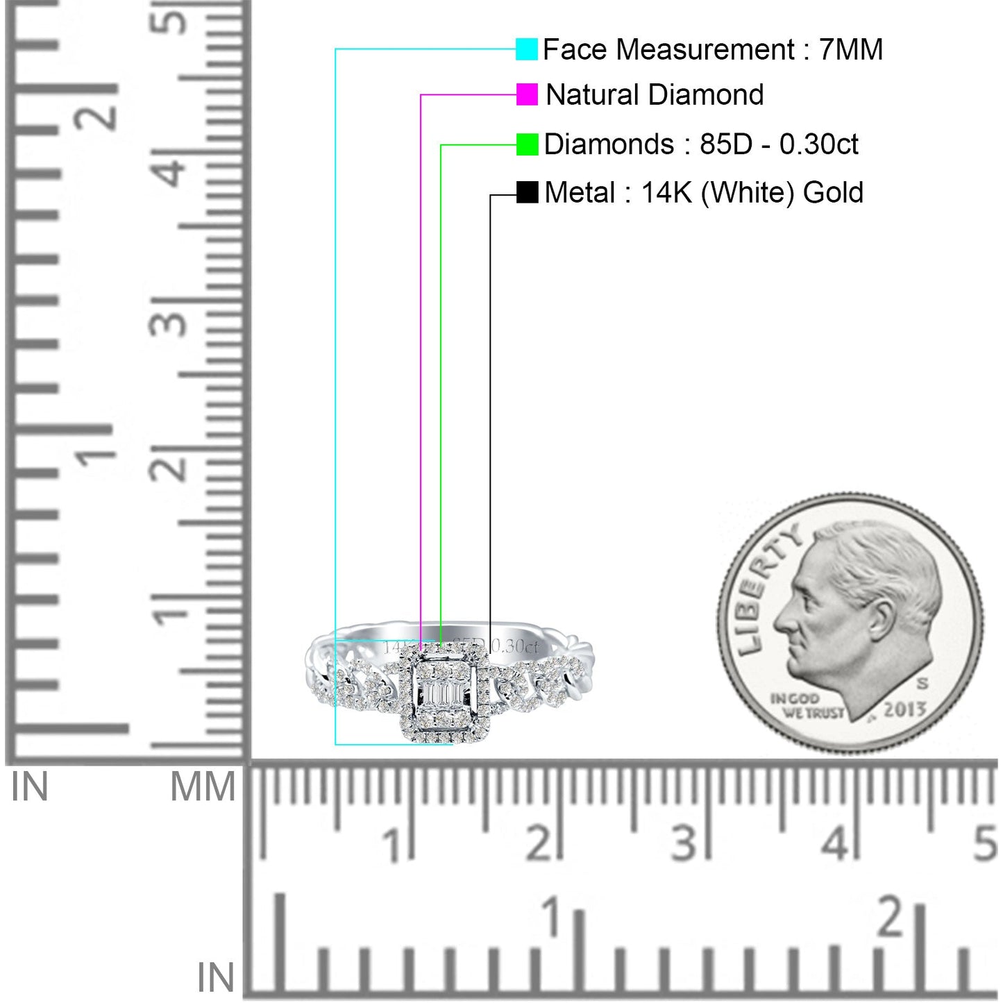 Cushion Cut 7mm Round & Baguette Natural Diamond Twisted Ring 14K White Gold Wholesale