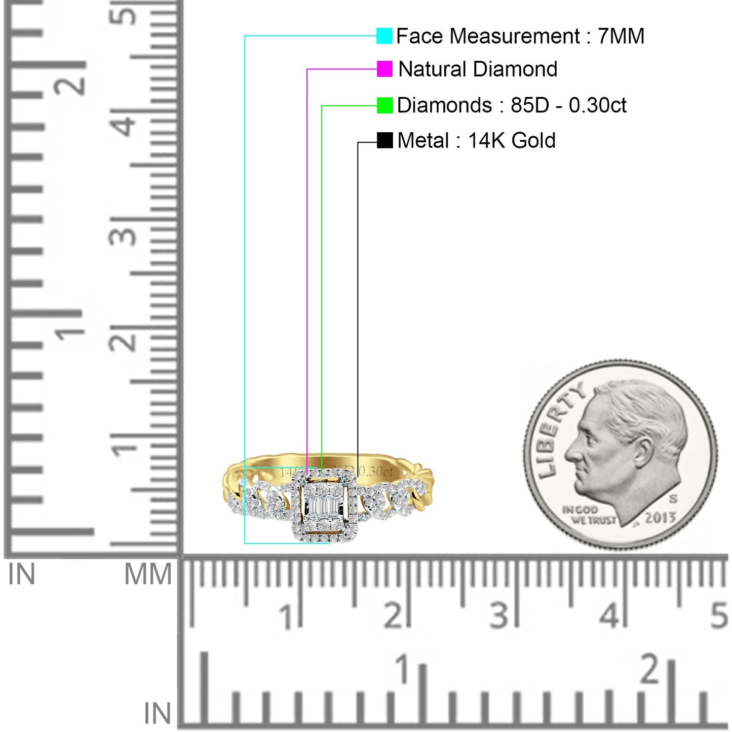 Cushion Cut 7mm Round & Baguette Natural Diamond Twisted Ring 14K Yellow Gold Wholesale