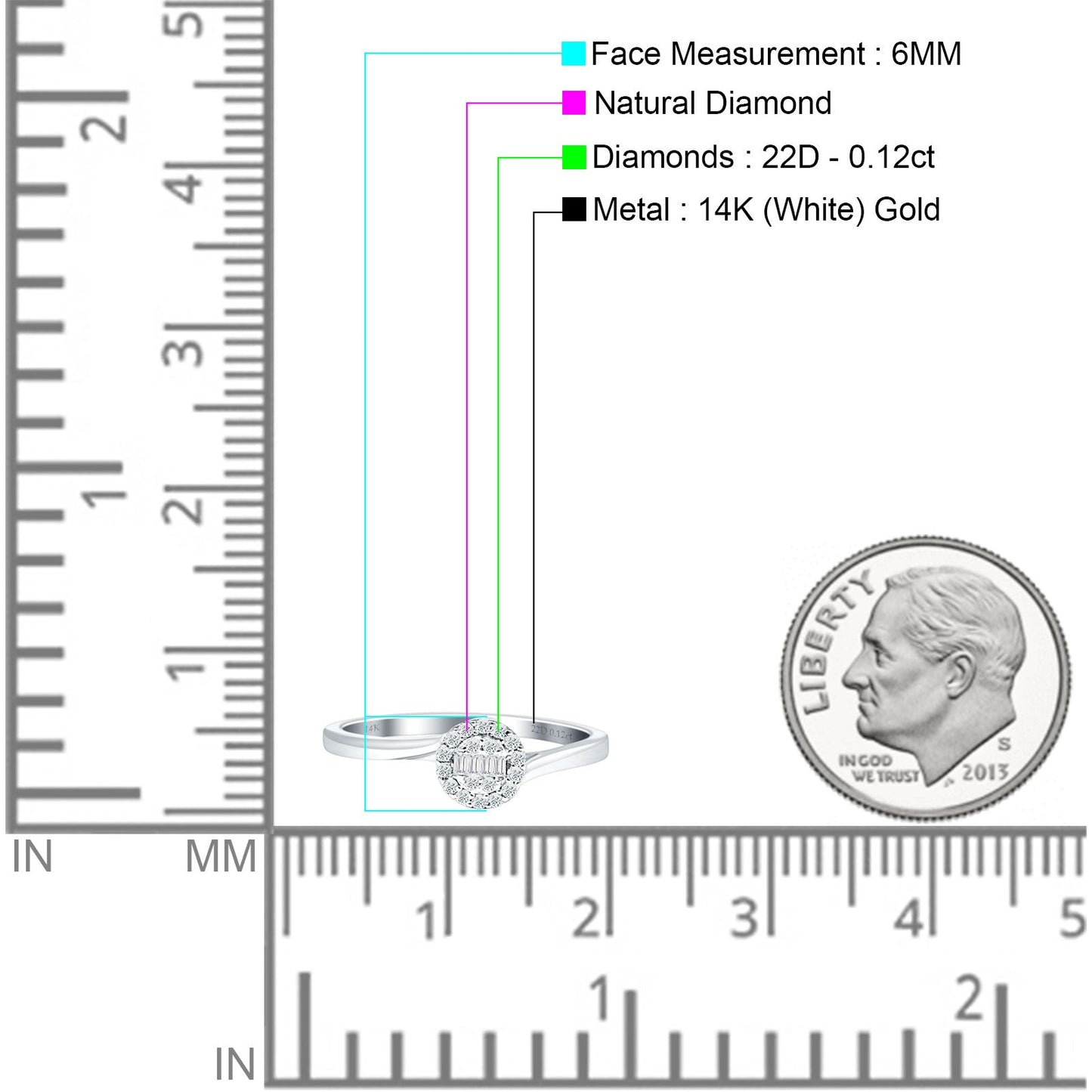 Halo Round And Baguette Diamond Wedding Ring 14K White Gold 0.12ct Wholesale