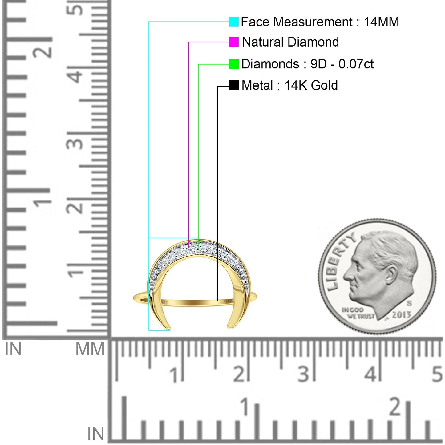 Diamond Crescent Moon Ring Round Statement 14K Yellow Gold 0.07ct Wholesale