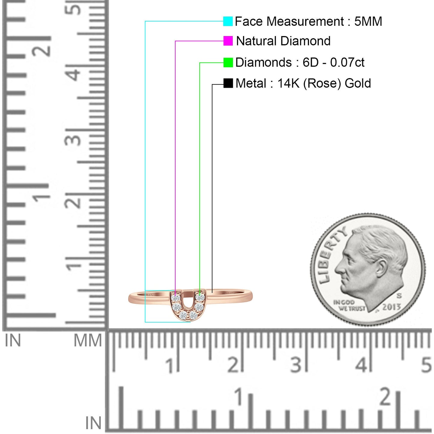 Diamond Horseshoe Ring U Shaped 14K Rose Gold 0.07ct Wholesale