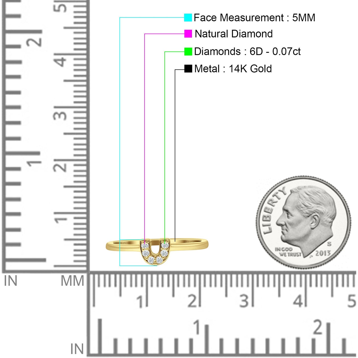 Diamond Horseshoe Ring U Shaped 14K Yellow Gold 0.07ct Wholesale