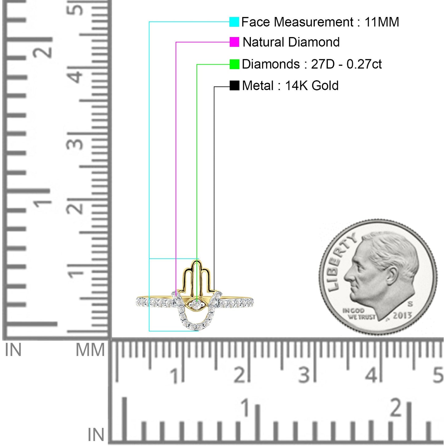 Diamond Hamsa Hand Ring Statement Band 14K Yellow Gold 0.27ct Wholesale