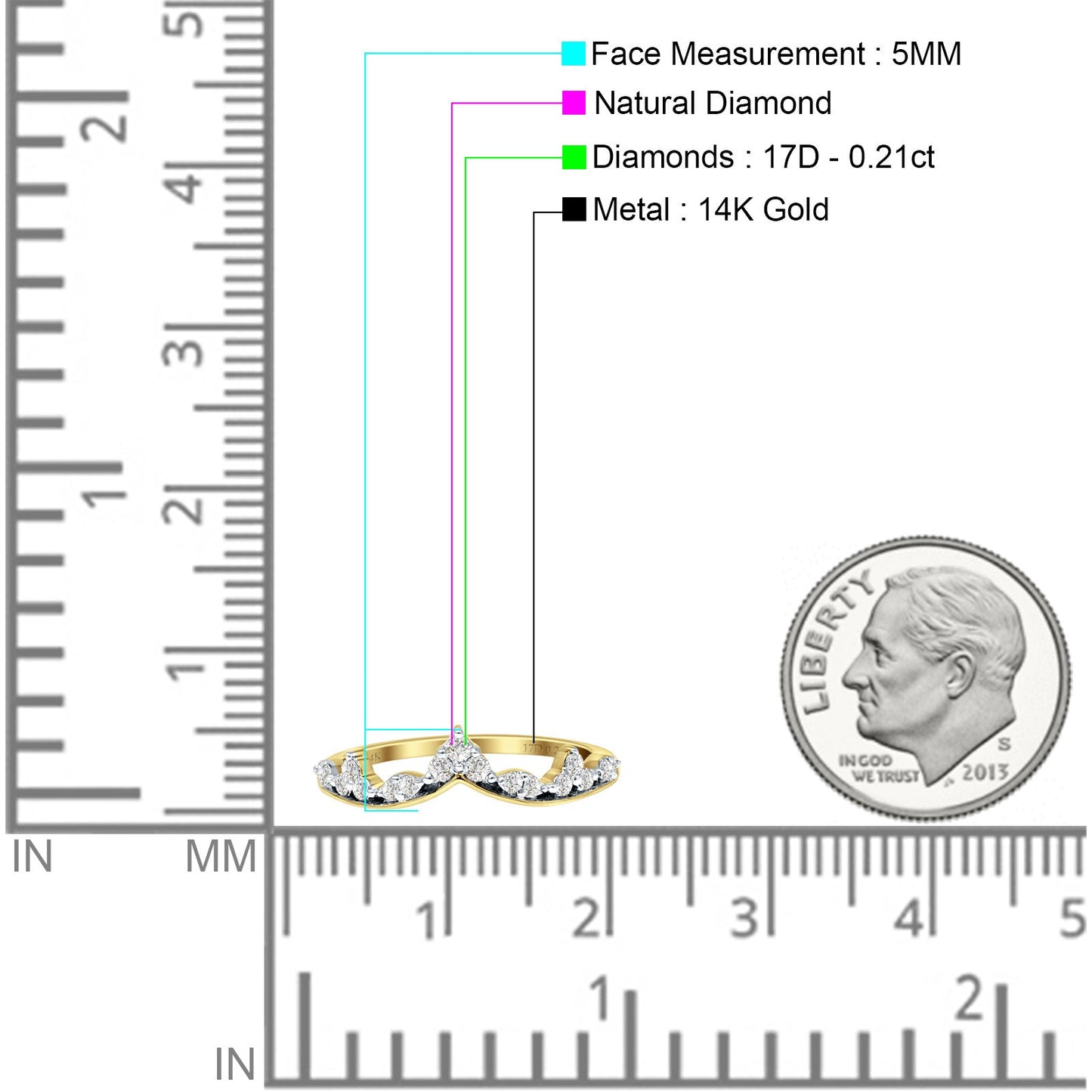 Midi V-Shaped Contour Chevron Diamond Ring 14K Yellow Gold 0.21ct Wholesale