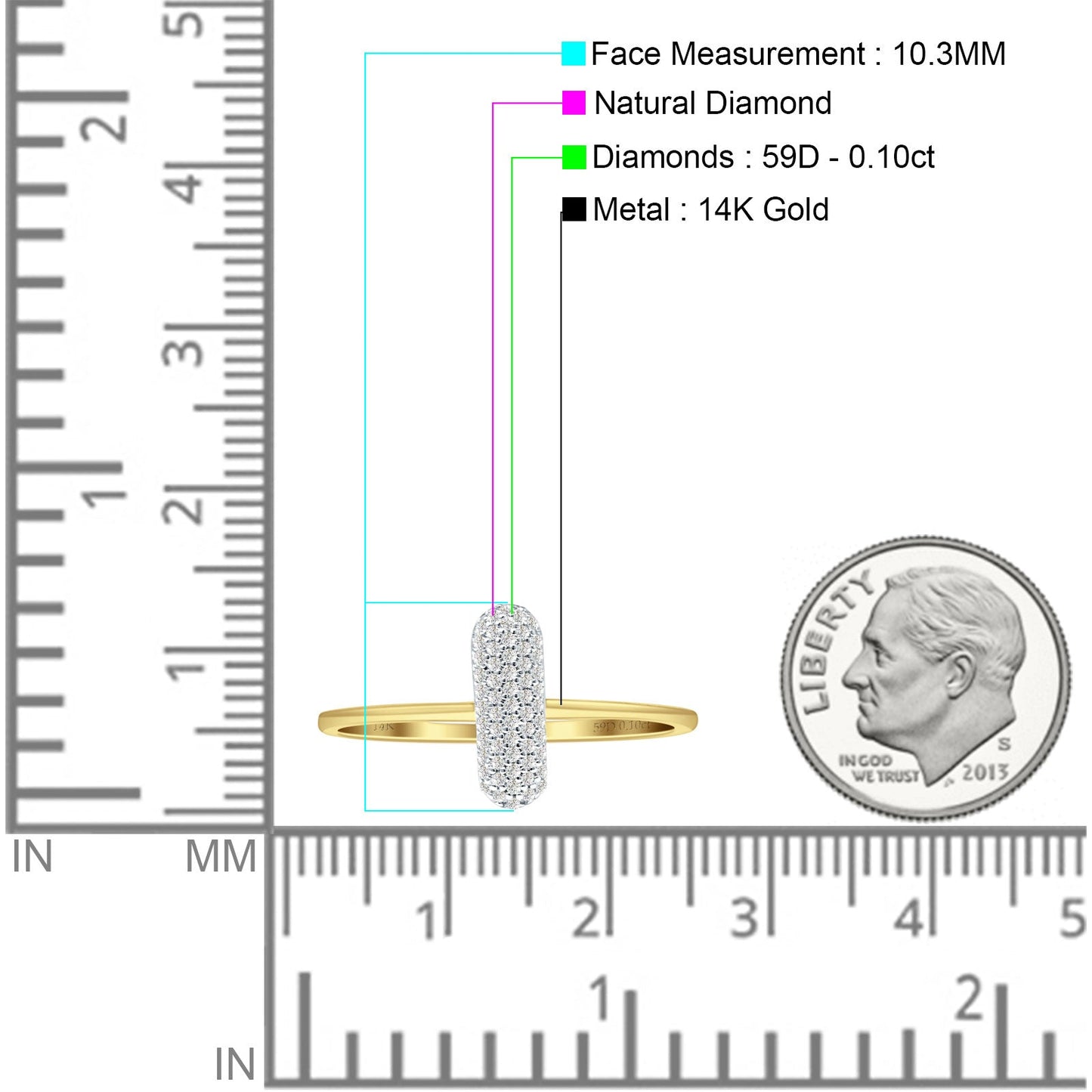 Diamond Line Bar Ring Statement 14K Yellow Gold 0.10ct Wholesale