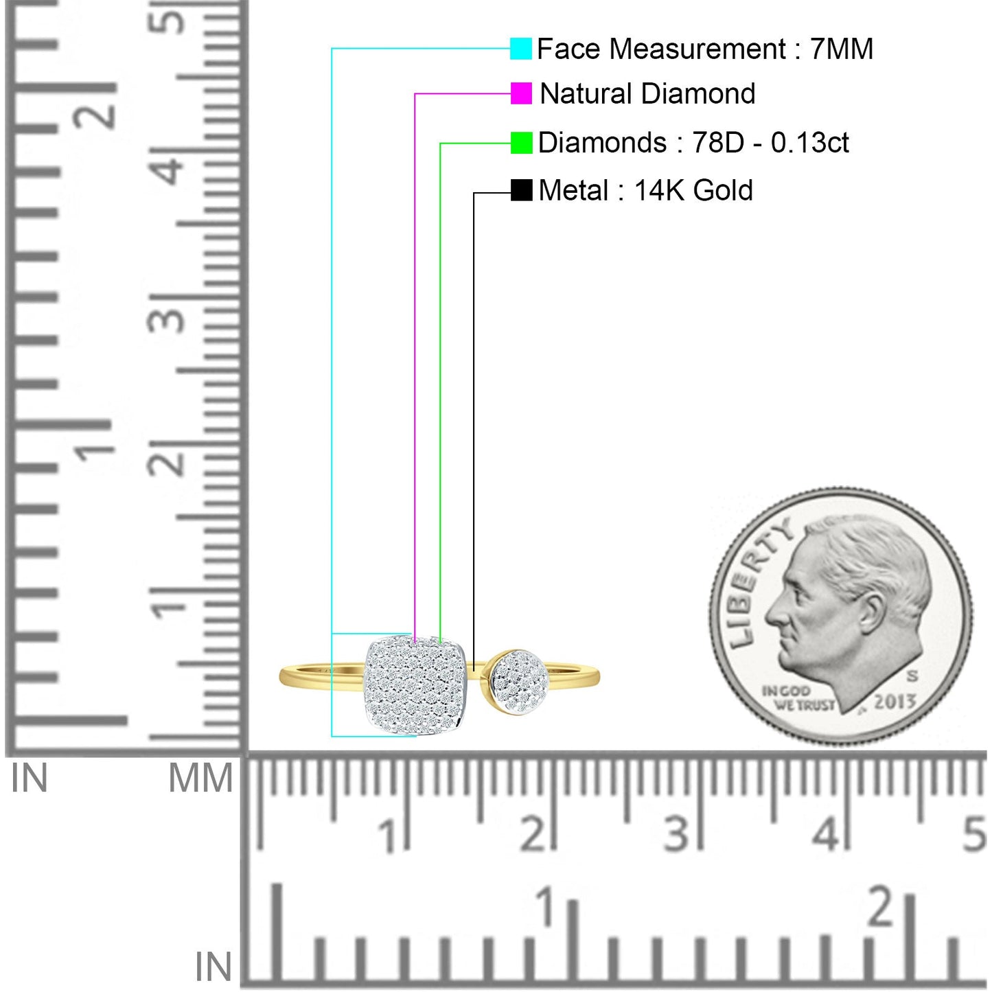 Cushion Diamond Wrap Around Open Ring 14K Yellow Gold 0.13ct Wholesale