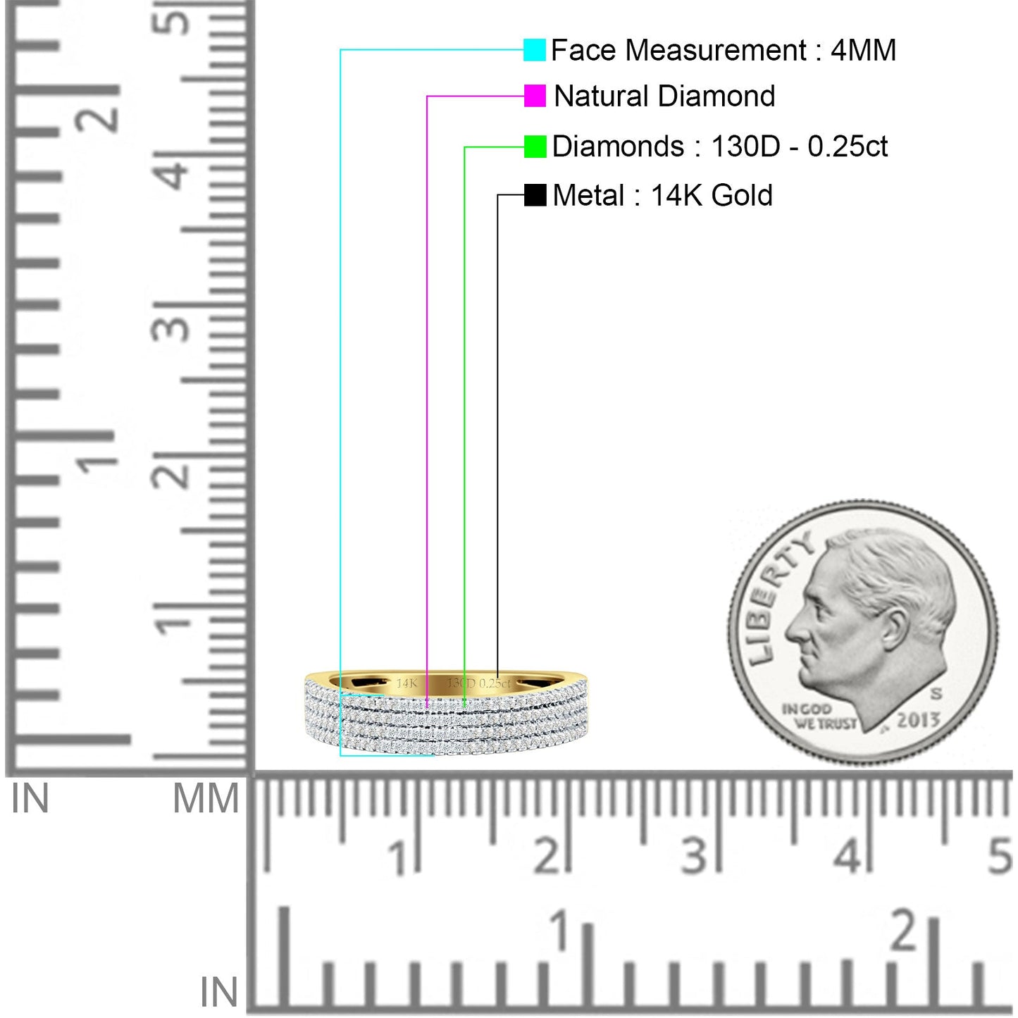 Diamond Stackable Ring Four Row Half Eternity 14K Yellow Gold 0.25ct Wholesale