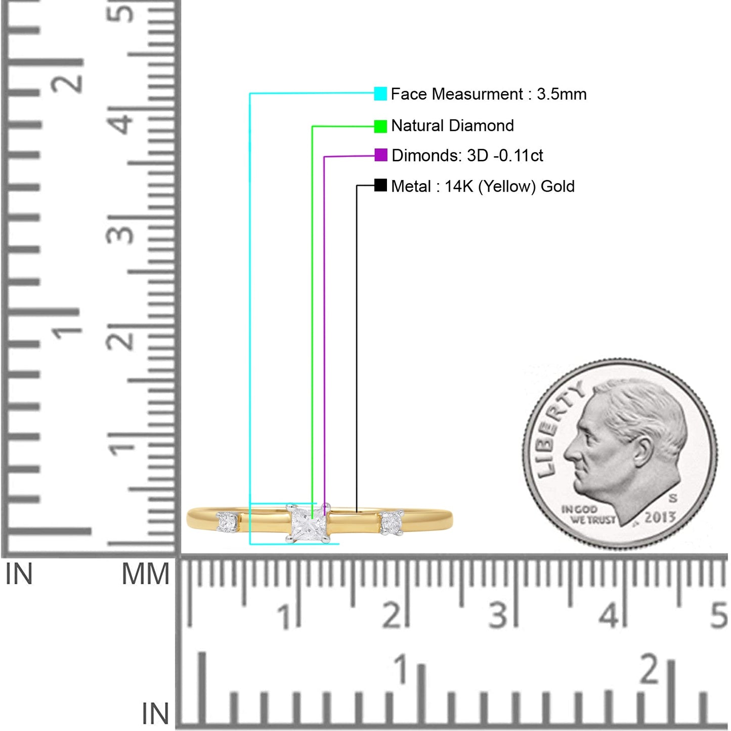 Three Stone Diamond Ring 0.11ct Natural Princess 14K Yellow Gold Wholesale