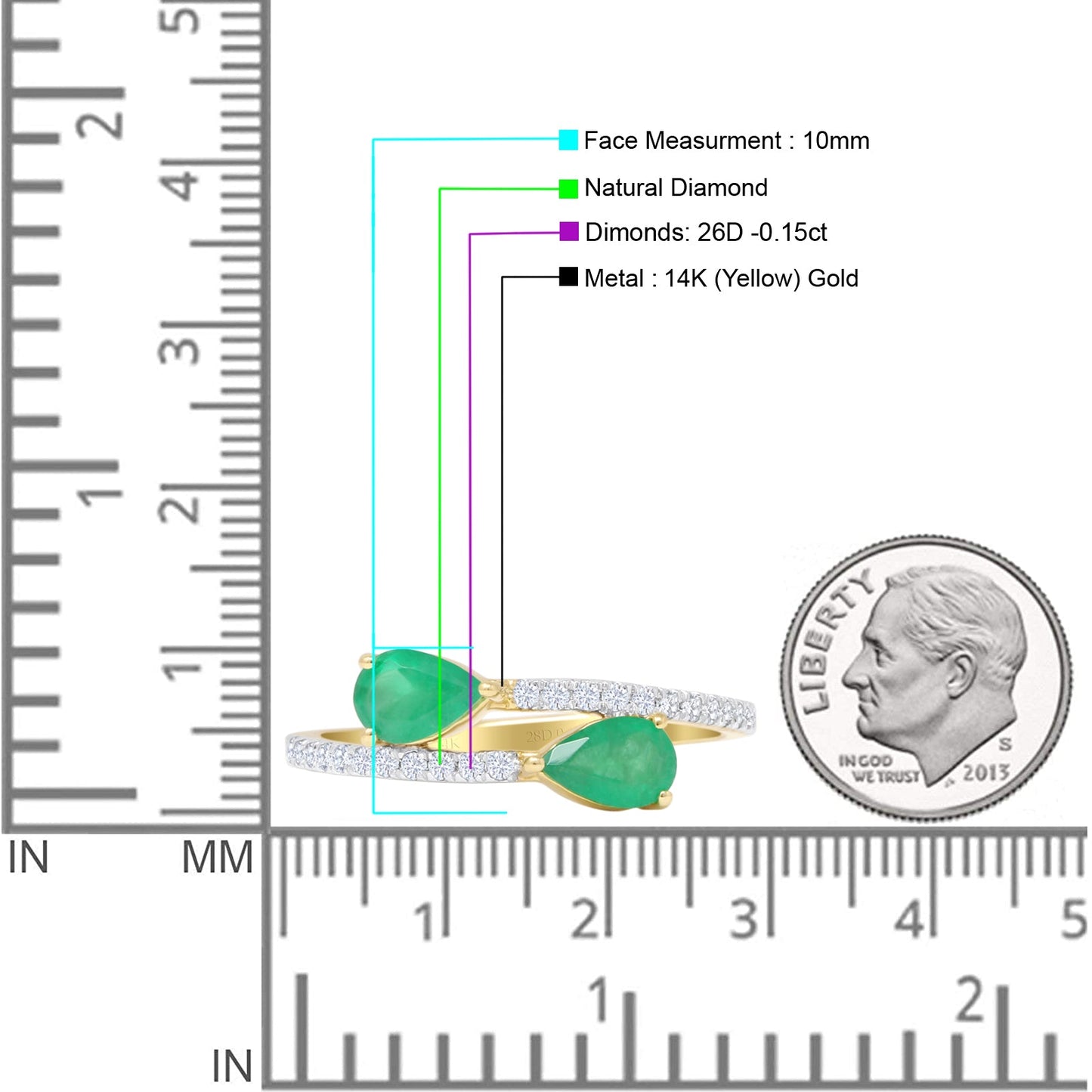 Pear Teardrop Green Emerald Natural Diamond Bypass Ring 14K Yellow Gold Wholesale