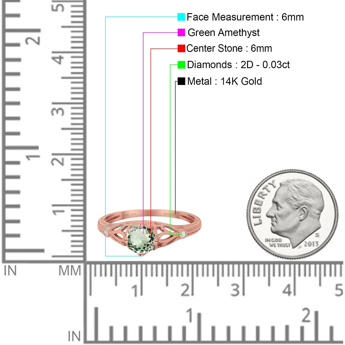 14K Rose Gold 0.87ct Vintage Design Solitaire Round 6mm G SI Natural Green Amethyst Diamond Engagement Wedding Ring Size 6.5