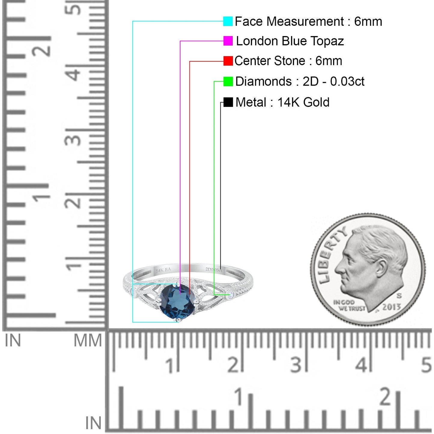 14K White Gold 0.87ct Vintage Design Solitaire Round 6mm G SI London Blue Topaz Diamond Engagement Wedding Ring Size 6.5