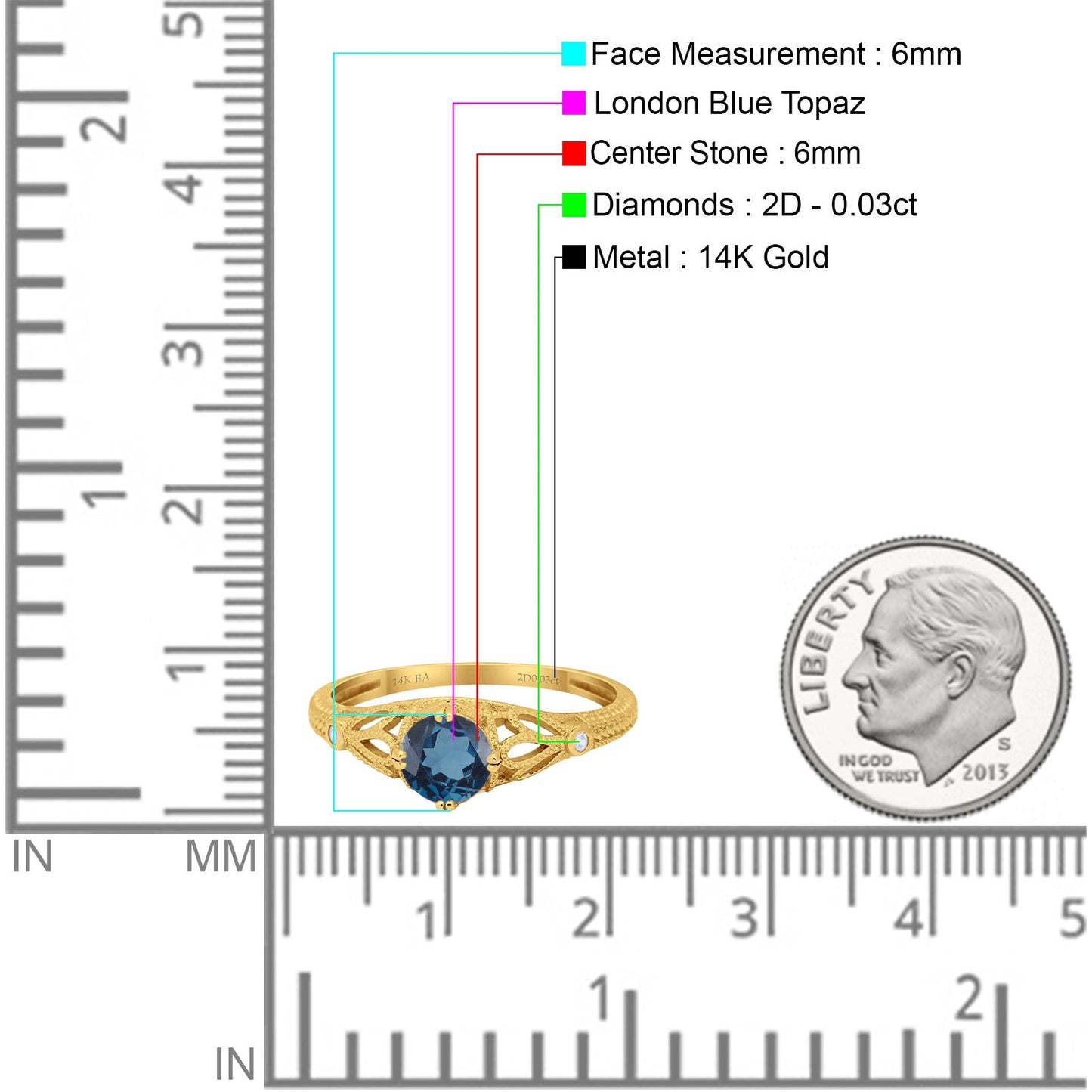 14K Yellow Gold 0.87ct Vintage Design Solitaire Round 6mm G SI London Blue Topaz Diamond Engagement Wedding Ring Size 6.5