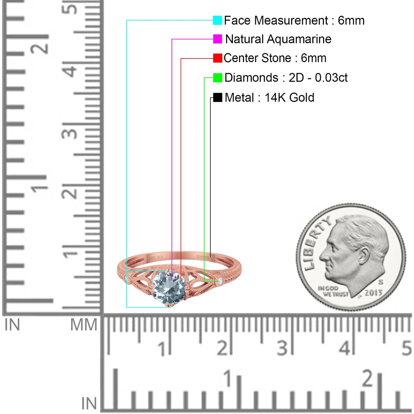 14K Rose Gold 0.87ct Vintage Design Solitaire Round 6mm G SI Natural Aquamarine Diamond Engagement Wedding Ring Size 6.5