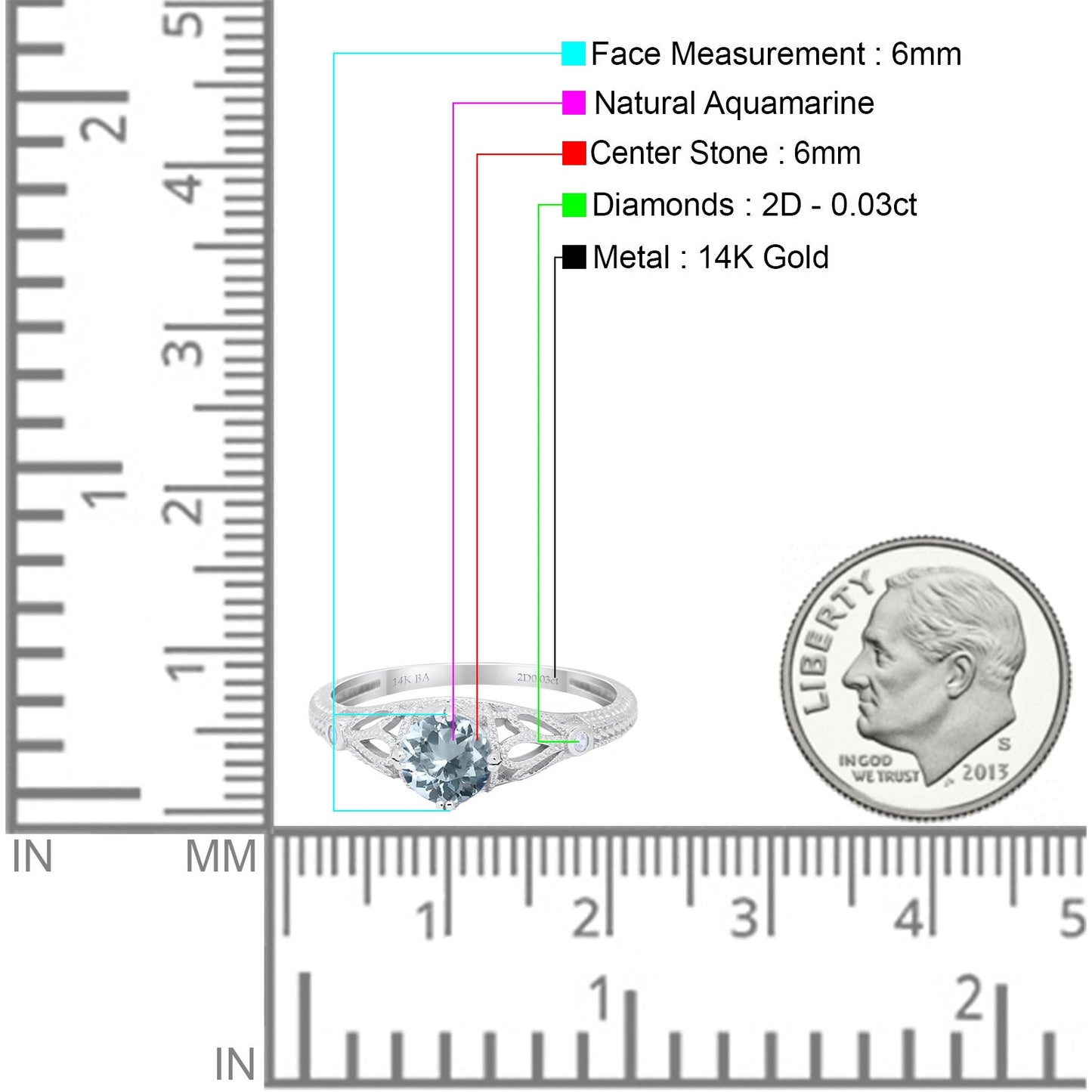 14K White Gold 0.87ct Vintage Design Solitaire Round 6mm G SI Natural Aquamarine Diamond Engagement Wedding Ring Size 6.5