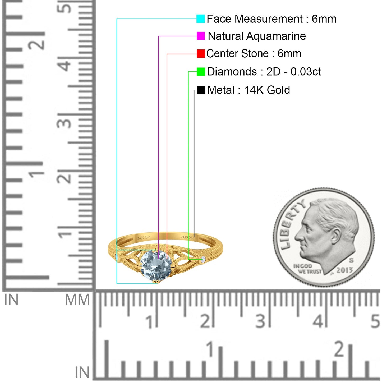 14K Yellow Gold 0.87ct Vintage Design Solitaire Round 6mm G SI Natural Aquamarine Diamond Engagement Wedding Ring Size 6.5