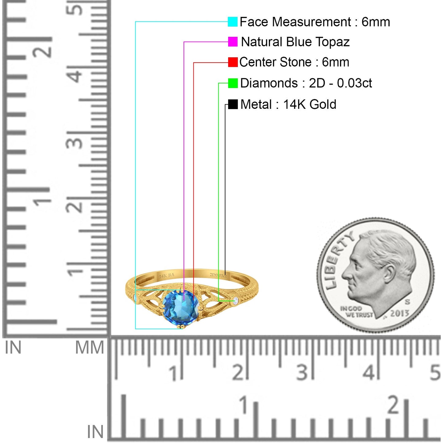 14K Yellow Gold 0.87ct Vintage Design Solitaire Round 6mm G SI Natural Blue Topaz Diamond Engagement Wedding Ring Size 6.5