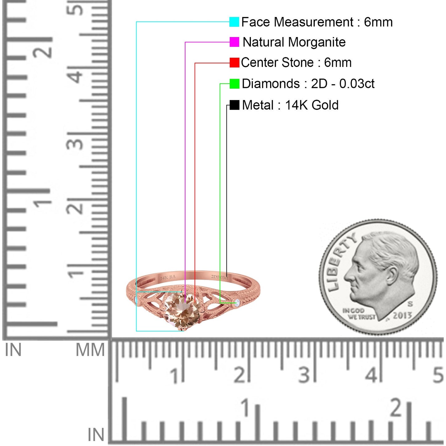 14K Rose Gold 0.87ct Vintage Design Solitaire Round 6mm G SI Natural Morganite Diamond Engagement Wedding Ring Size 6.5