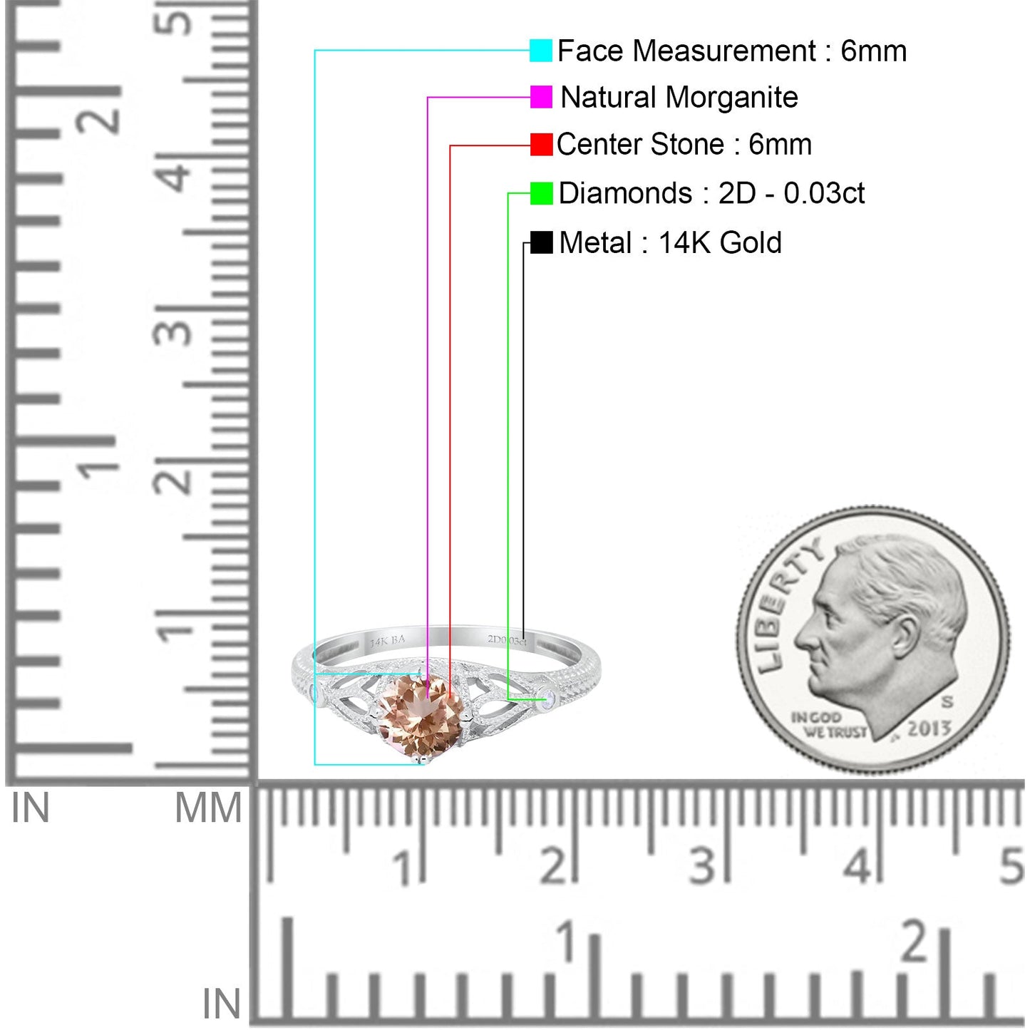 14K White Gold 0.87ct Vintage Design Solitaire Round 6mm G SI Natural Morganite Diamond Engagement Wedding Ring Size 6.5