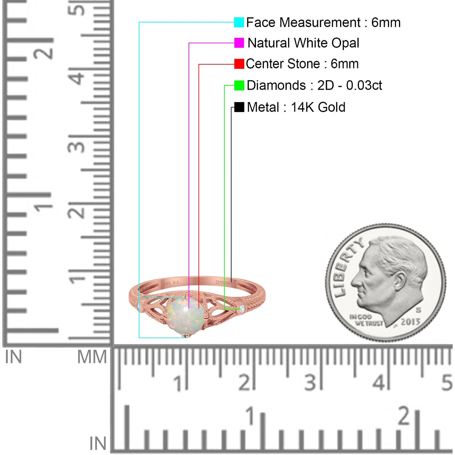 14K Rose Gold 0.03ct Vintage Design Solitaire Round 6mm G SI Natural White Opal Diamond Engagement Wedding Ring Size 6.5