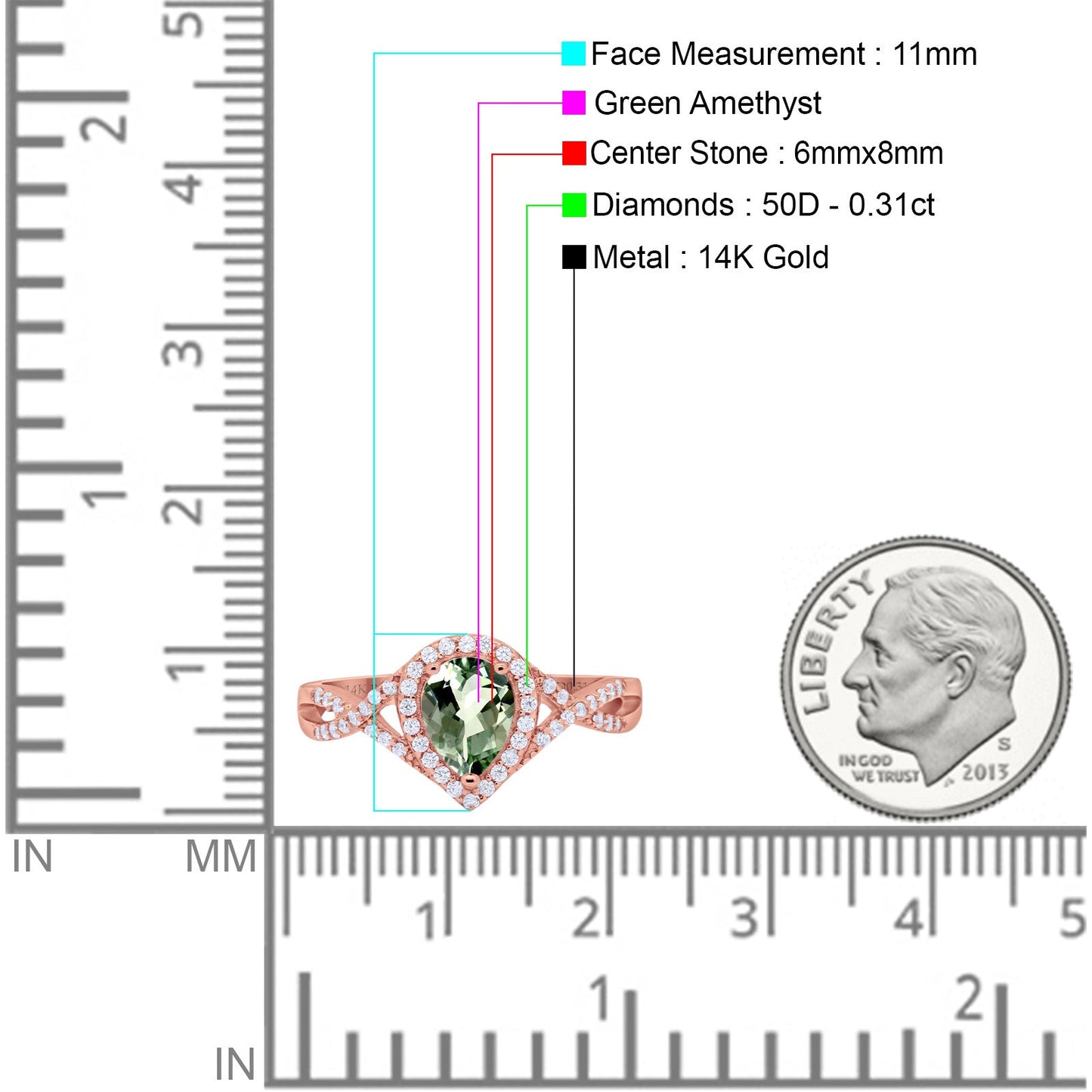 14K Rose Gold 1.56ct Teardrop Pear Infinity 11mm G SI Natural Green Amethyst Diamond Engagement Wedding Ring Size 6.5