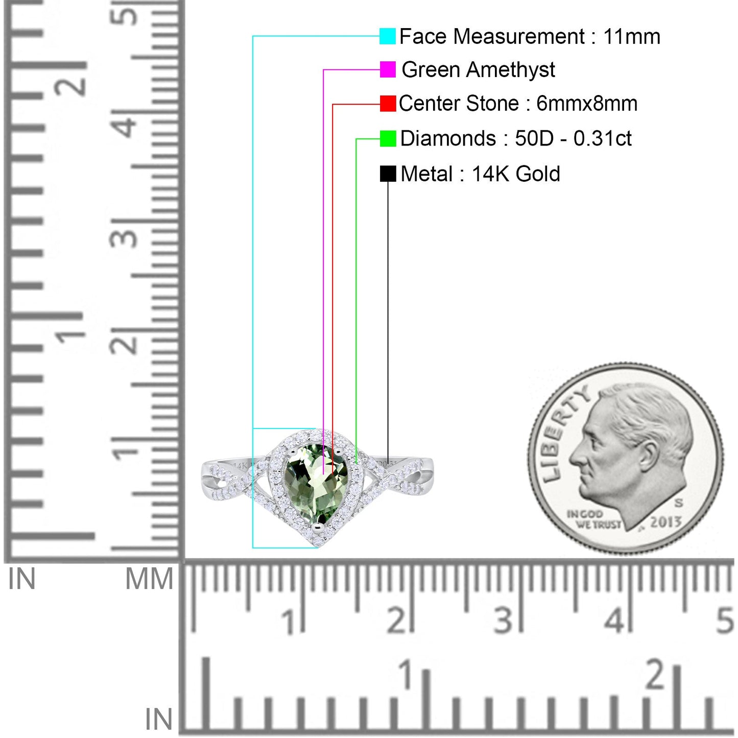 14K White Gold 1.56ct Teardrop Pear Infinity 11mm G SI Natural Green Amethyst Diamond Engagement Wedding Ring Size 6.5