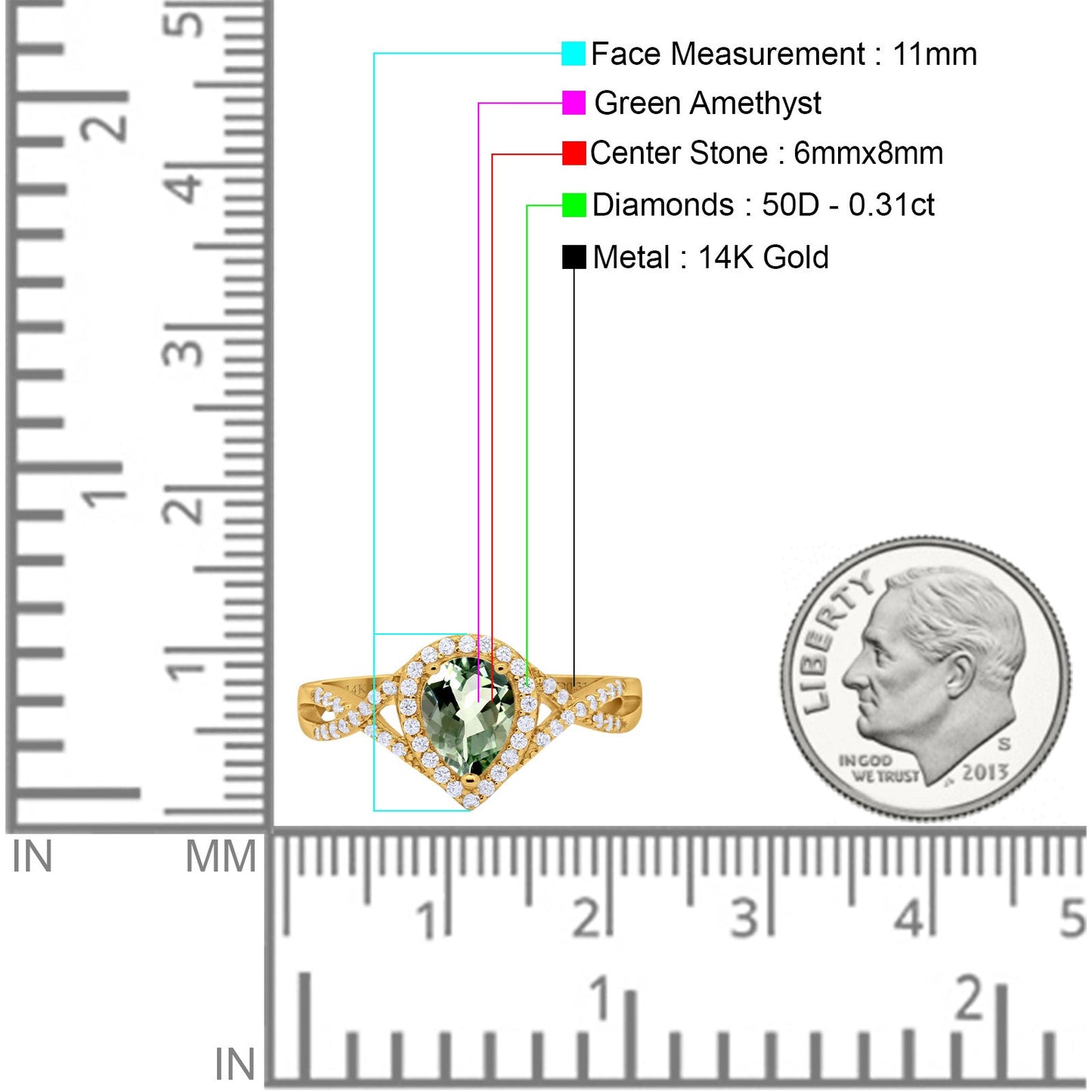 14K Yellow Gold 1.56ct Teardrop Pear Infinity 11mm G SI Natural Green Amethyst Diamond Engagement Wedding Ring Size 6.5