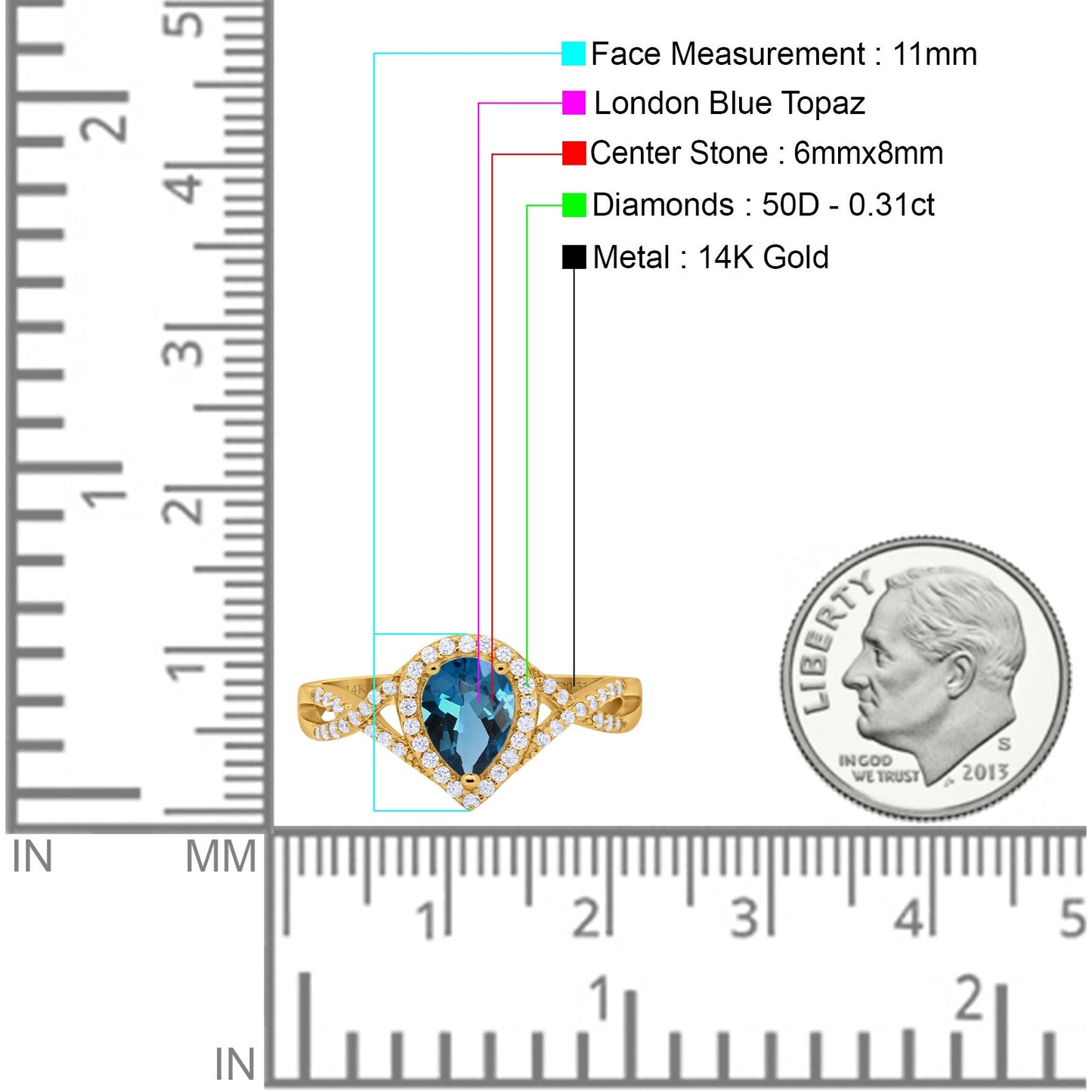 14K Yellow Gold 1.56ct Teardrop Pear Infinity 11mm G SI London Blue Topaz Diamond Engagement Wedding Ring Size 6.5