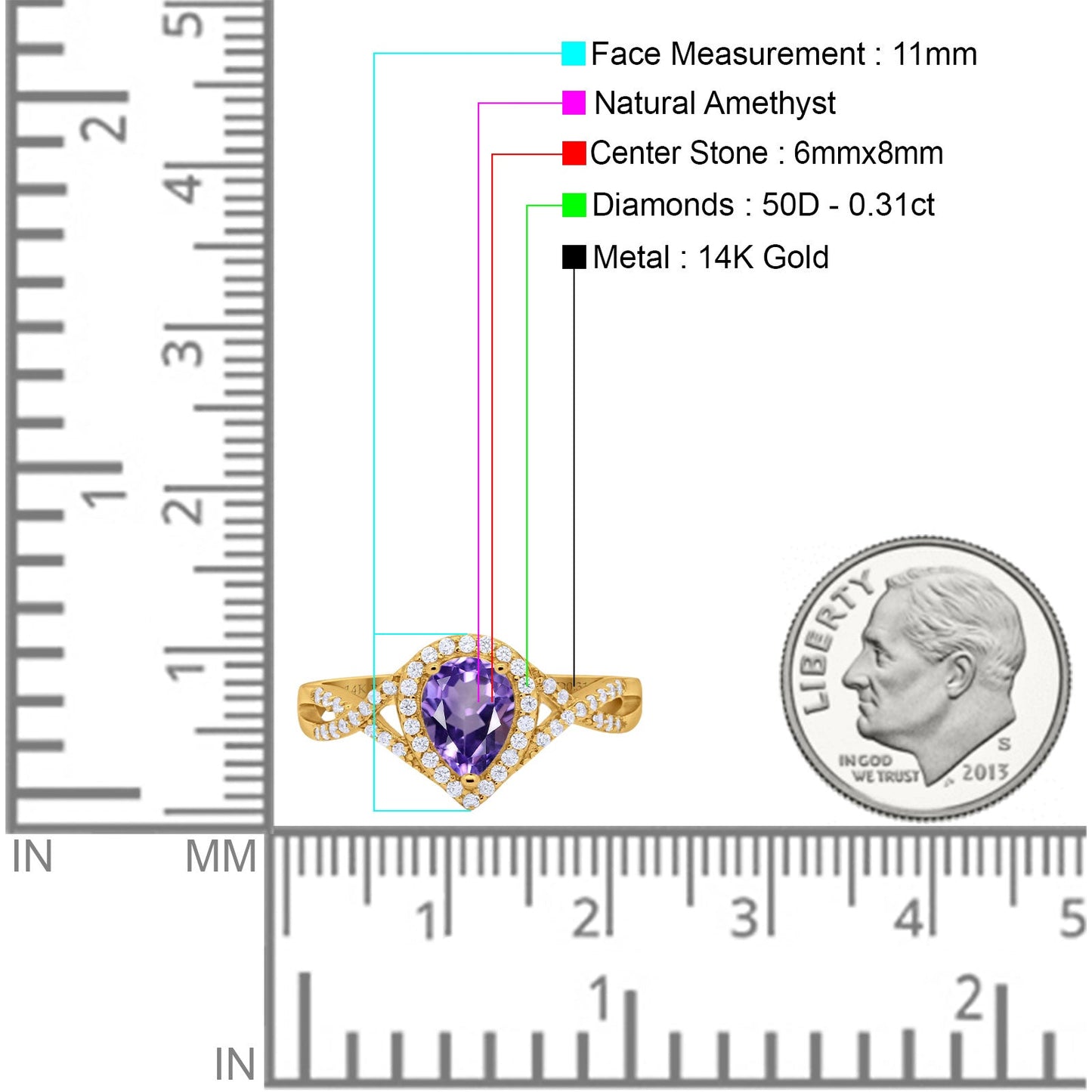 14K Yellow Gold 1.56ct Teardrop Pear Infinity 11mm G SI Natural Amethyst Diamond Engagement Wedding Ring Size 6.5