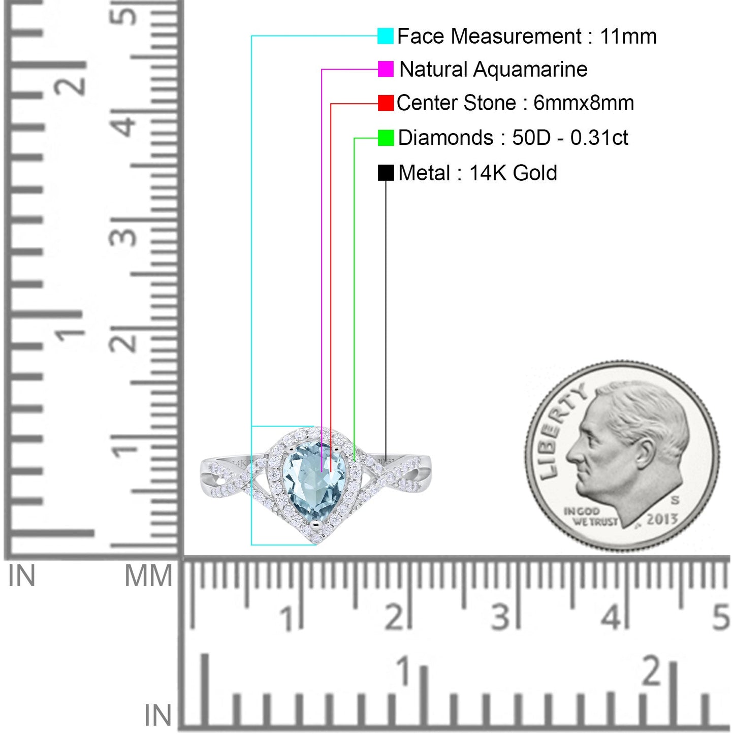 14K White Gold 1.56ct Teardrop Pear Infinity 11mm G SI Natural Aquamarine Diamond Engagement Wedding Ring Size 6.5