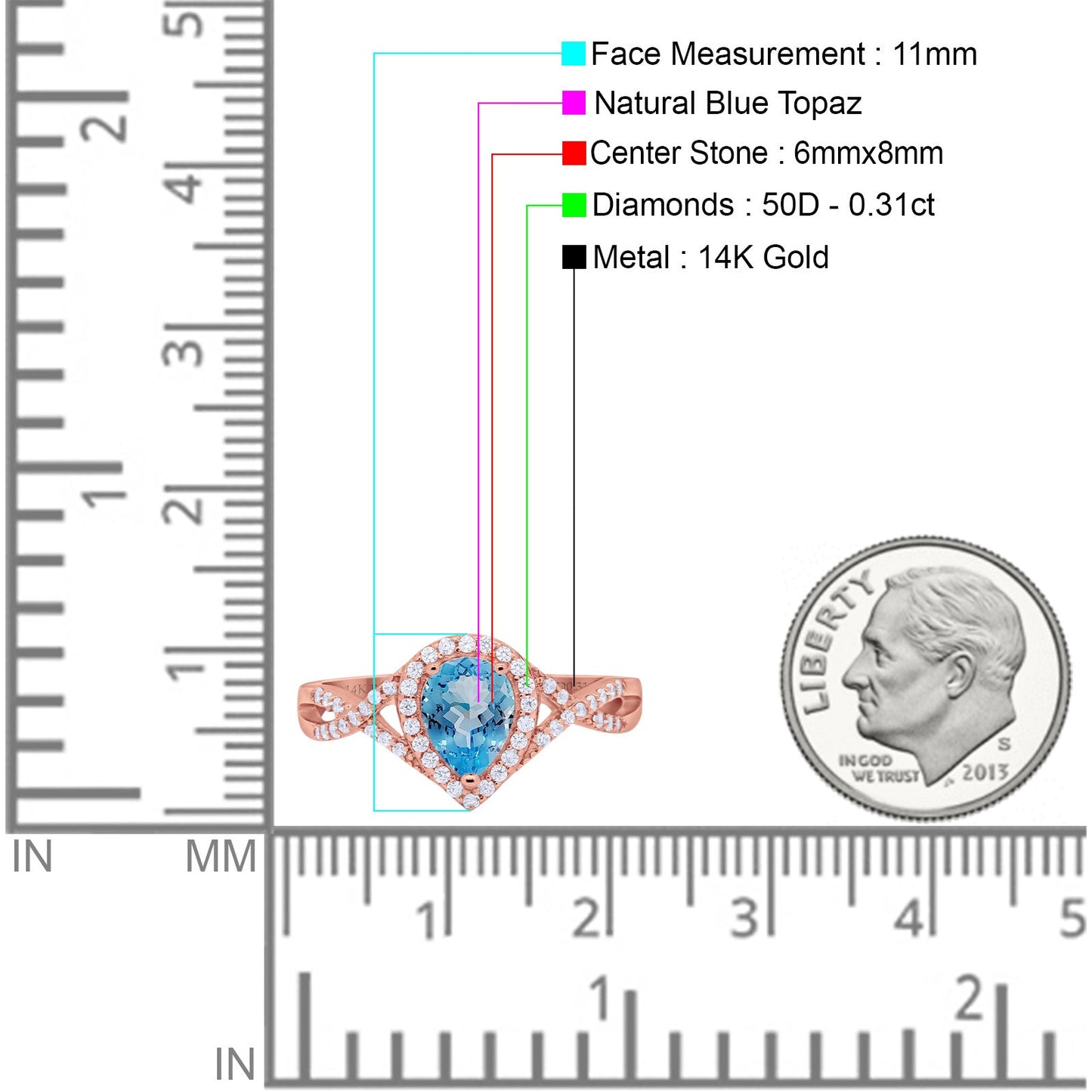 14K Rose Gold 1.56ct Teardrop Pear Infinity 11mm G SI Natural Blue Topaz Diamond Engagement Wedding Ring Size 6.5