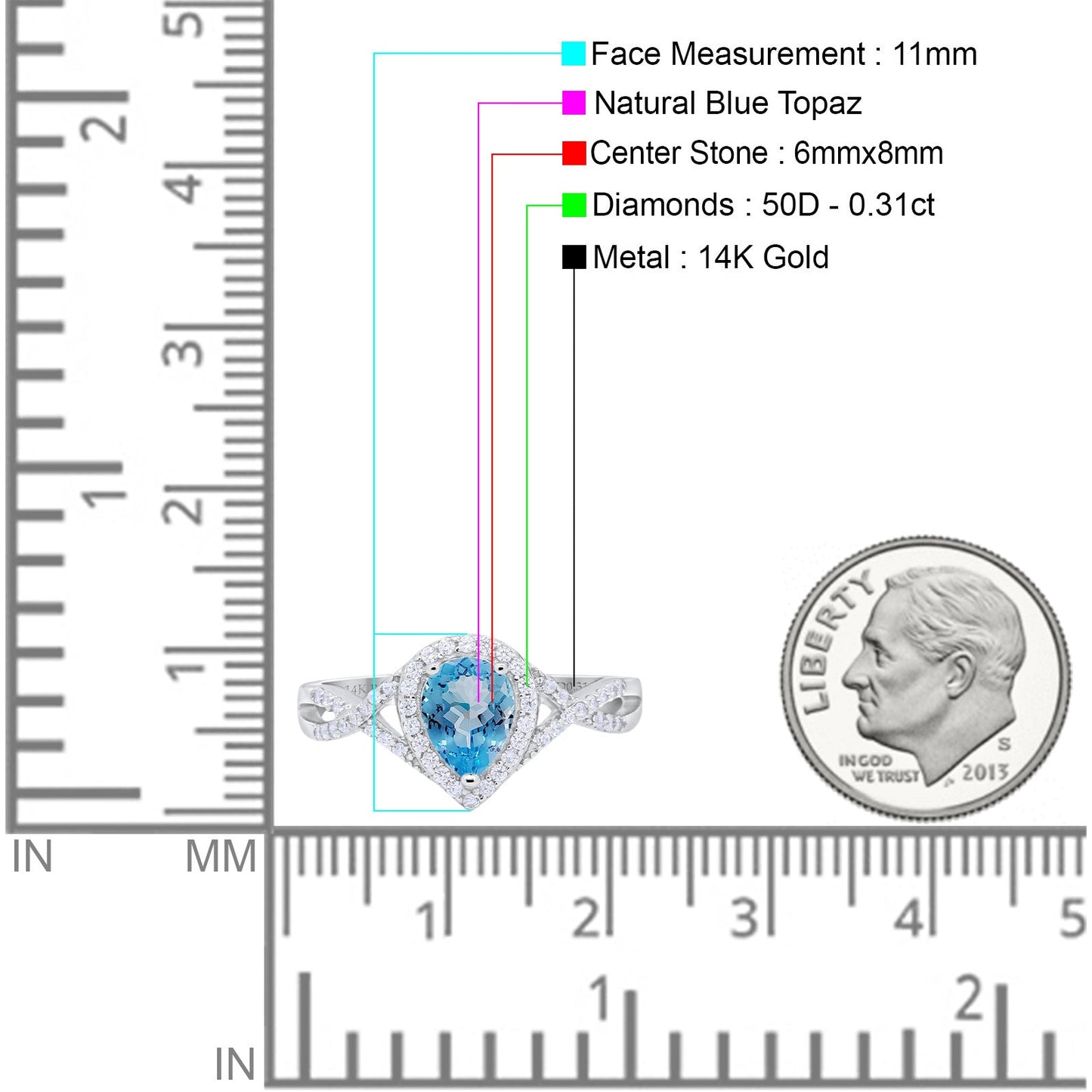 14K White Gold 1.56ct Teardrop Pear Infinity 11mm G SI Natural Blue Topaz Diamond Engagement Wedding Ring Size 6.5