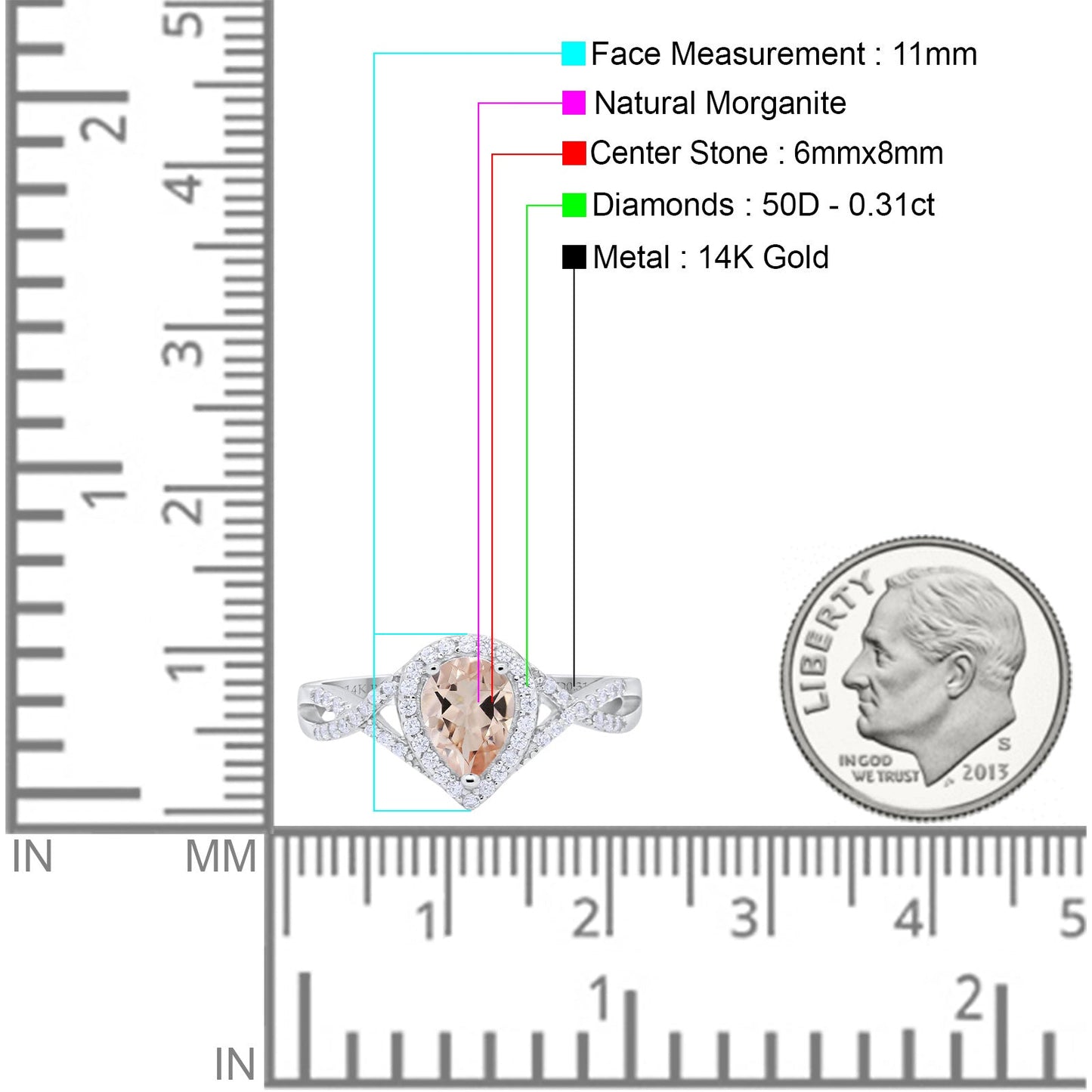 14K White Gold 1.56ct Teardrop Pear Infinity 11mm G SI Natural Morganite Diamond Engagement Wedding Ring Size 6.5