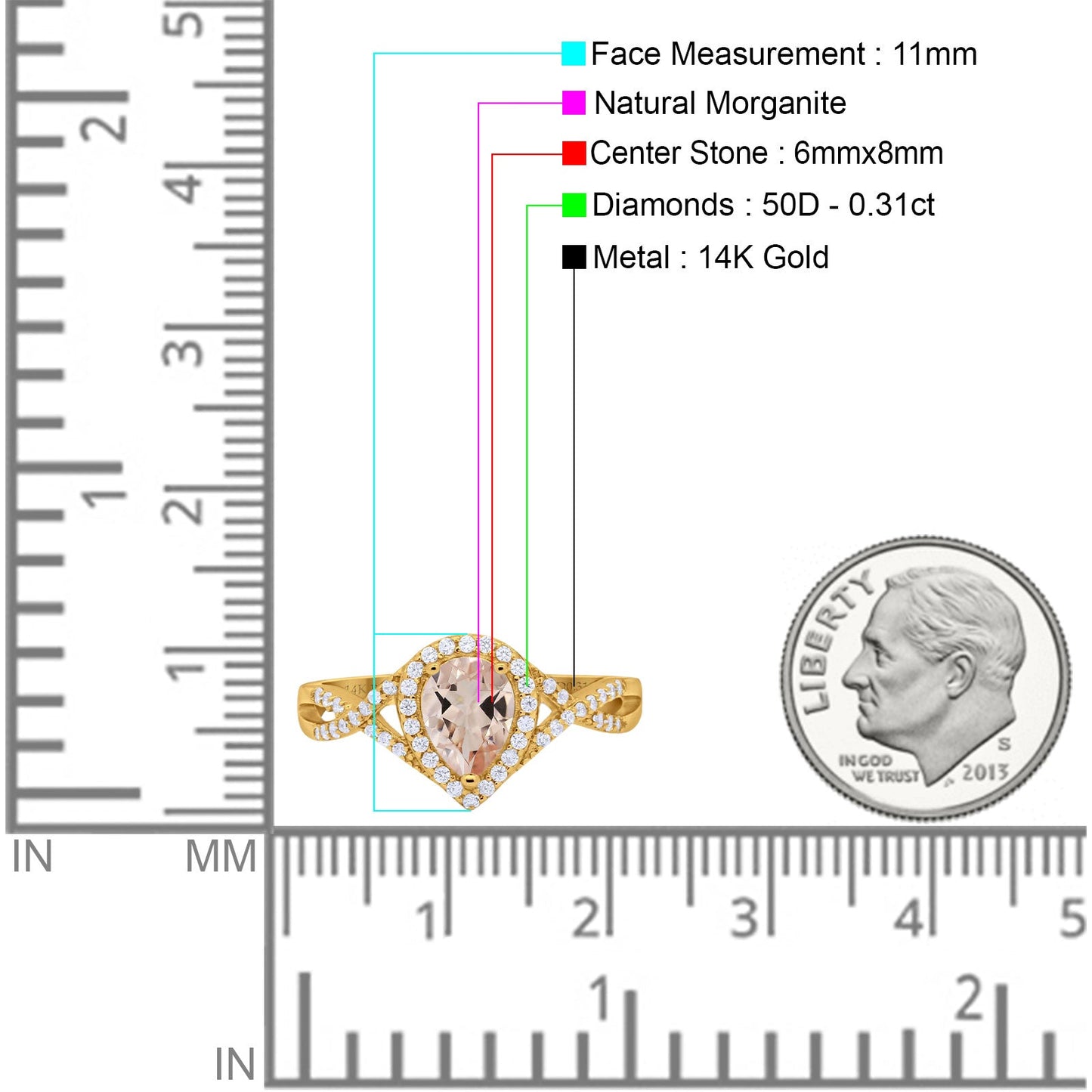 14K Yellow Gold 1.56ct Teardrop Pear Infinity 11mm G SI Natural Morganite Diamond Engagement Wedding Ring Size 6.5