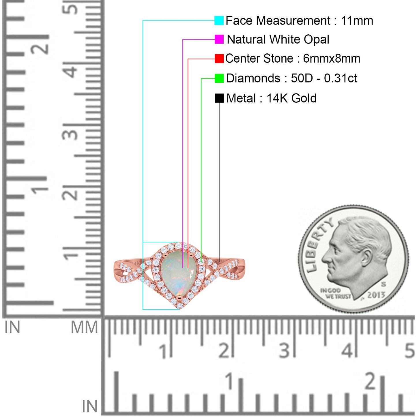 14K Rose Gold 0.31ct Teardrop Pear Infinity 11mm G SI Natural White Opal Diamond Engagement Wedding Ring Size 6.5