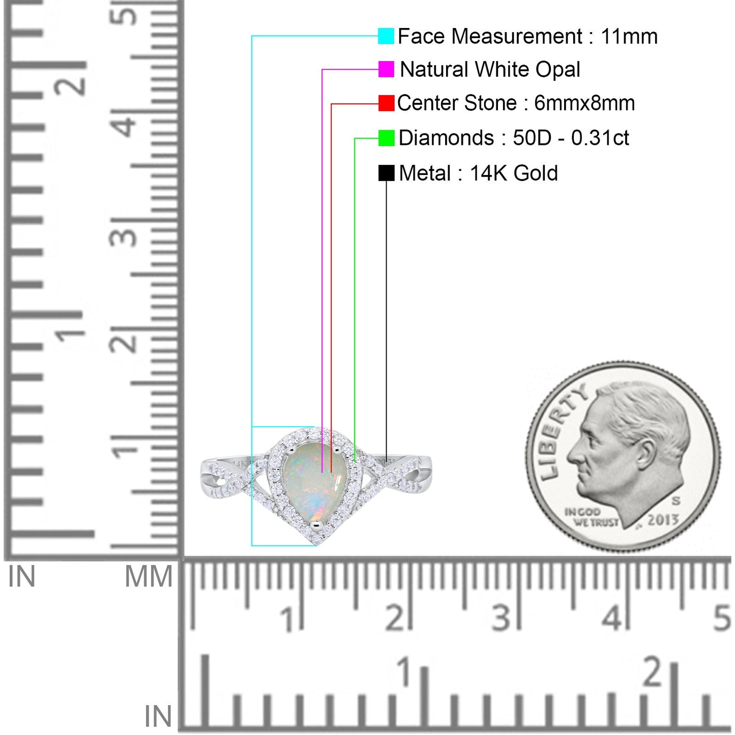 14K White Gold 0.31ct Teardrop Pear Infinity 11mm G SI Natural White Opal Diamond Engagement Wedding Ring Size 6.5