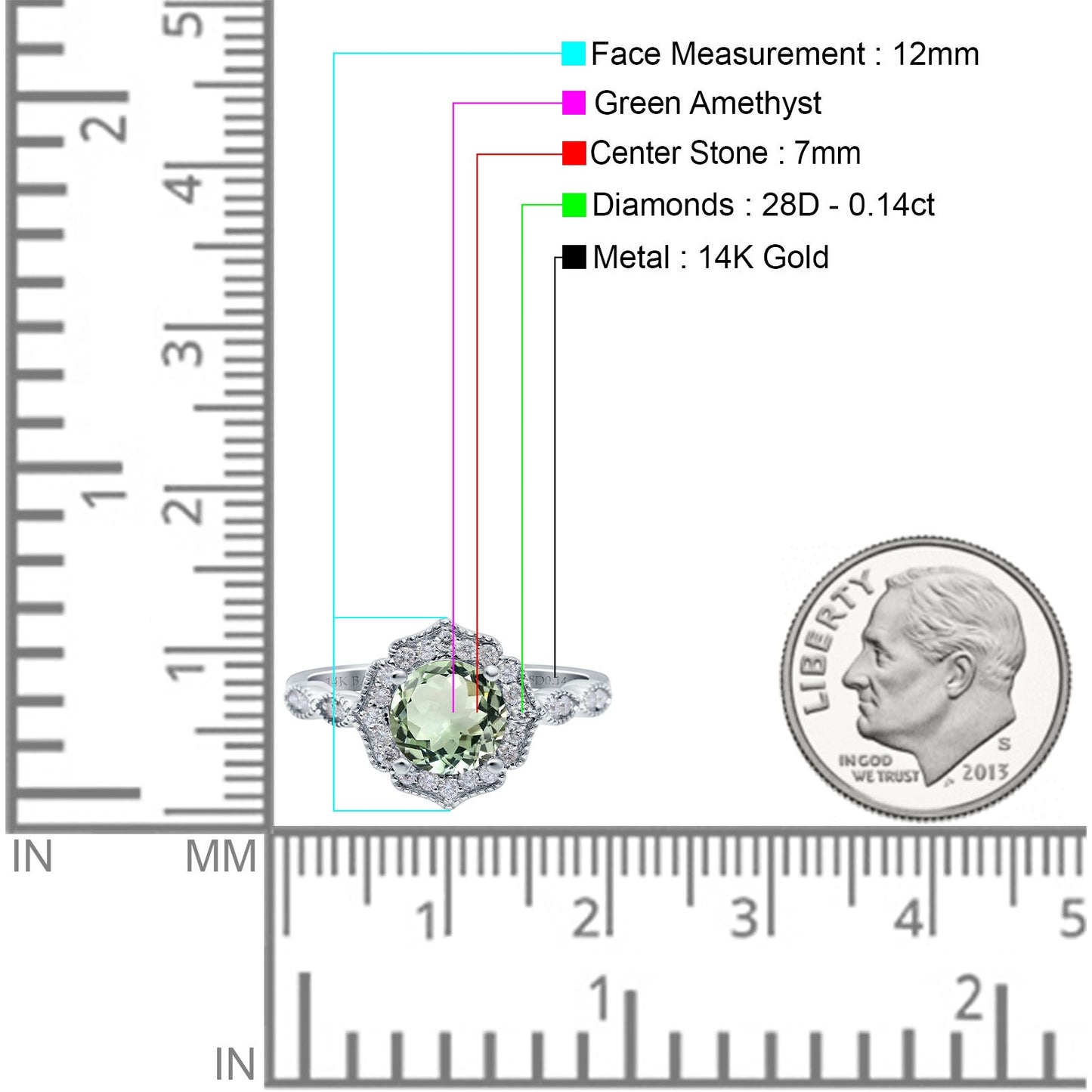 14K White Gold 1.42ct Art Deco Round 7mm G SI Natural Green Amethyst Diamond Engagement Wedding Ring Size 6.5