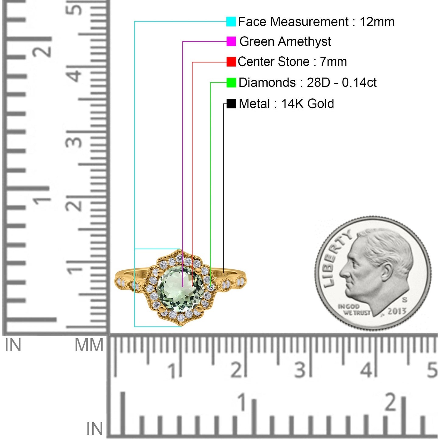 14K Yellow Gold 1.42ct Art Deco Round 7mm G SI Natural Green Amethyst Diamond Engagement Wedding Ring Size 6.5