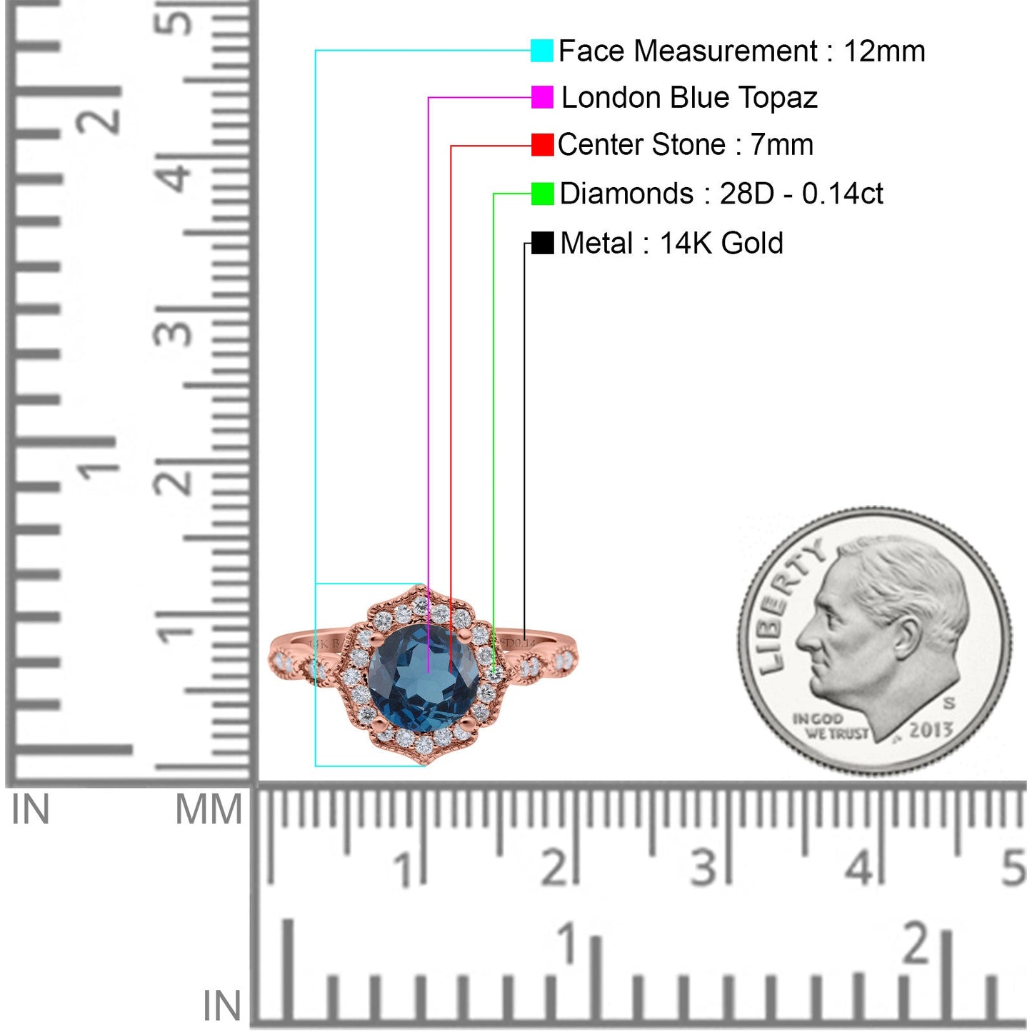 14K Rose Gold 1.42ct Art Deco Round 7mm G SI London Blue Topaz Diamond Engagement Wedding Ring Size 6.5